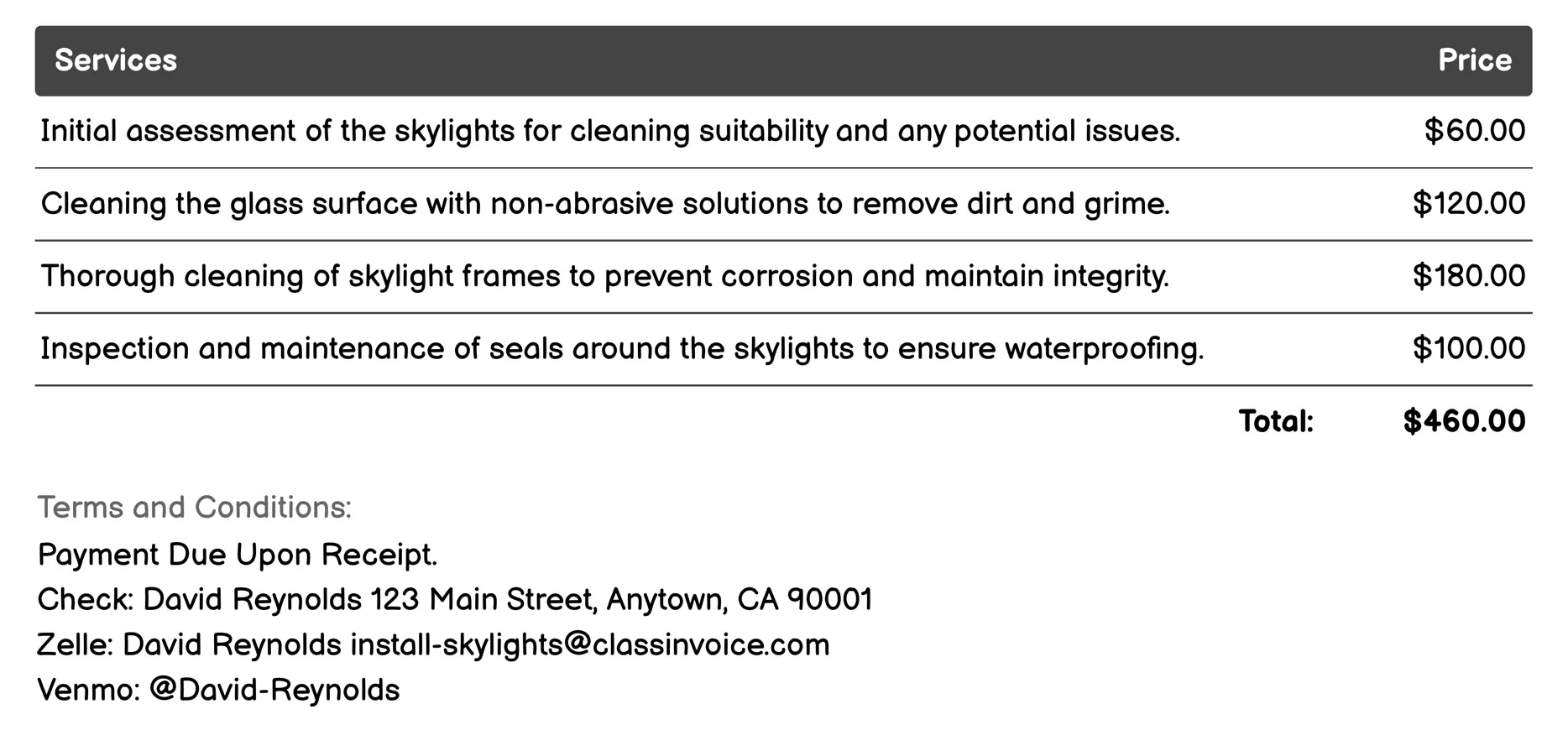 Skylight Cleaning Services Invoice Example