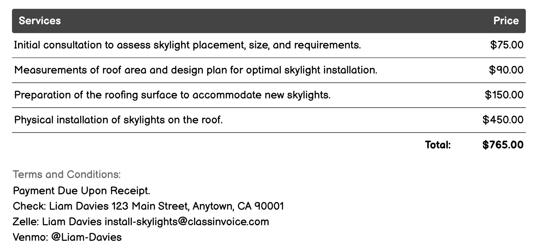 Skylight Installation Invoice Example