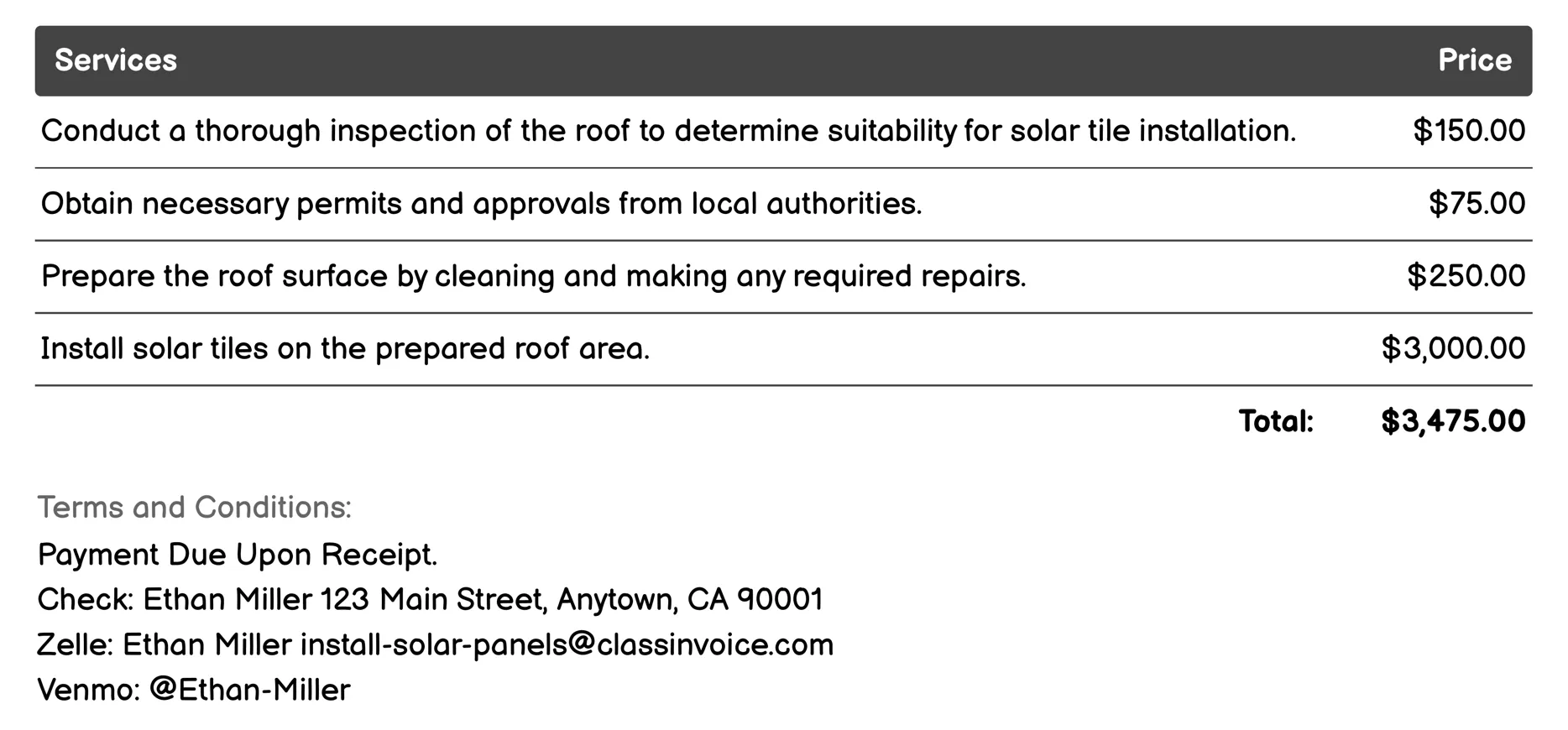 Solar Roof Tile Installation Invoice Example