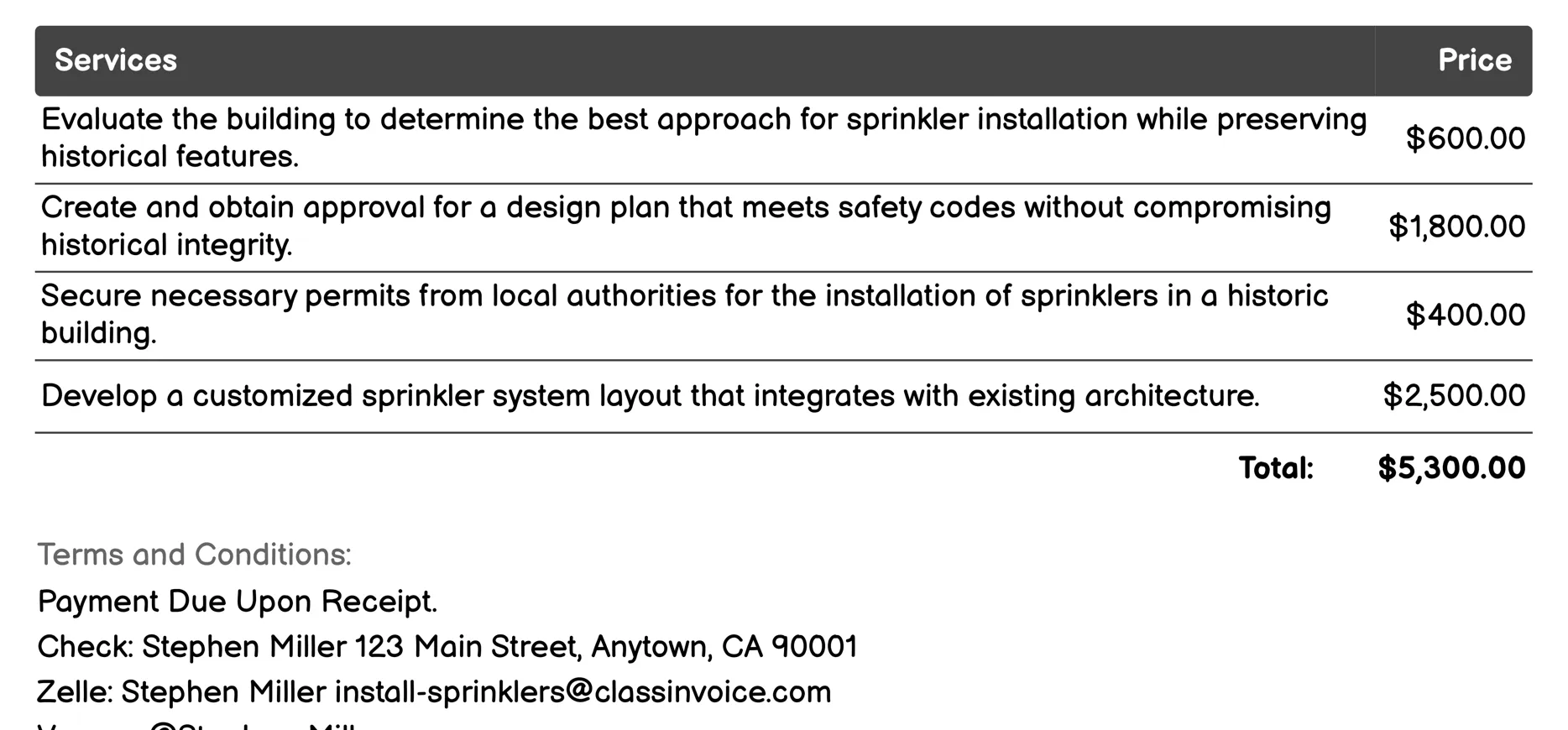 Historical Building Sprinkler Installation Invoice Example