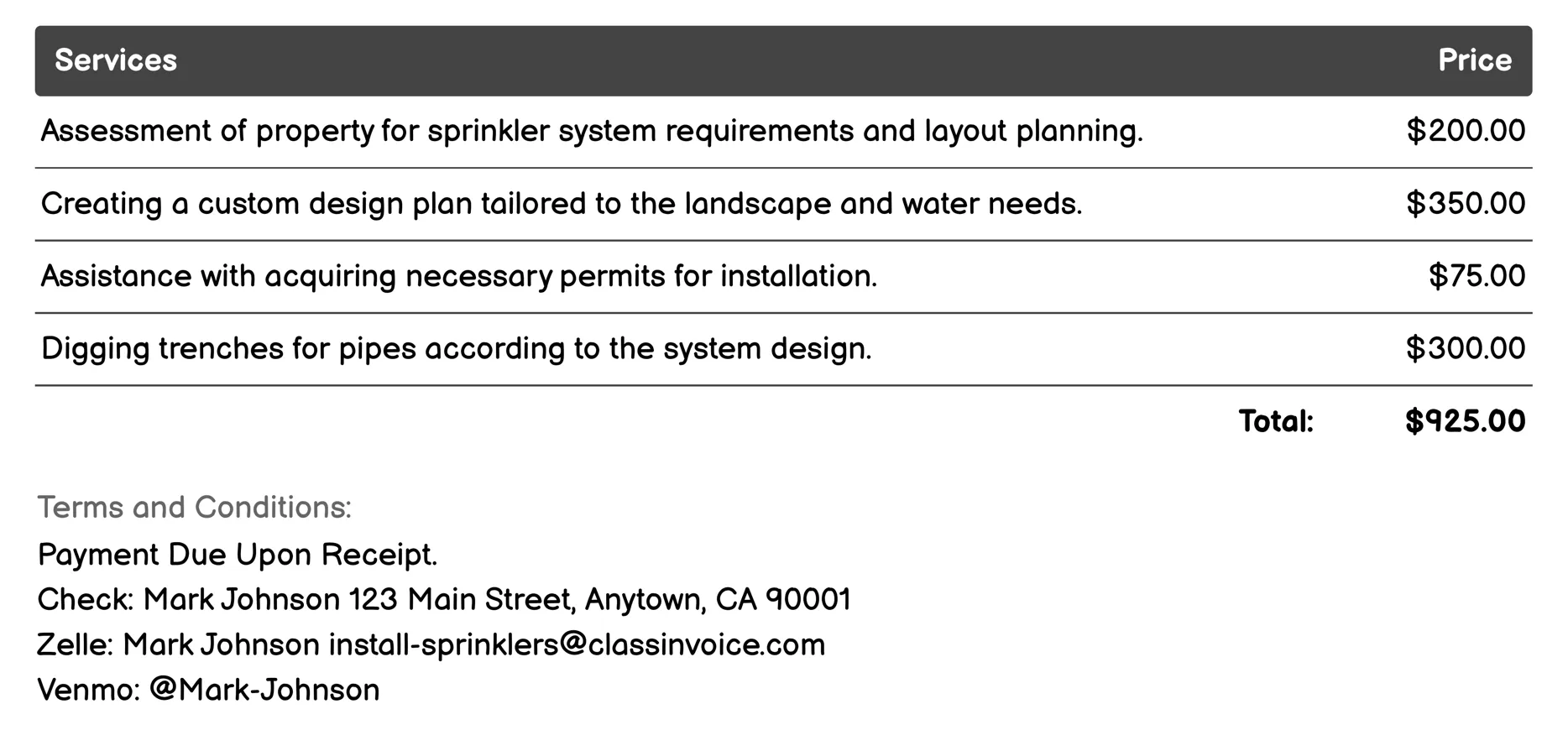 Smart Sprinkler System Installation Invoice Example