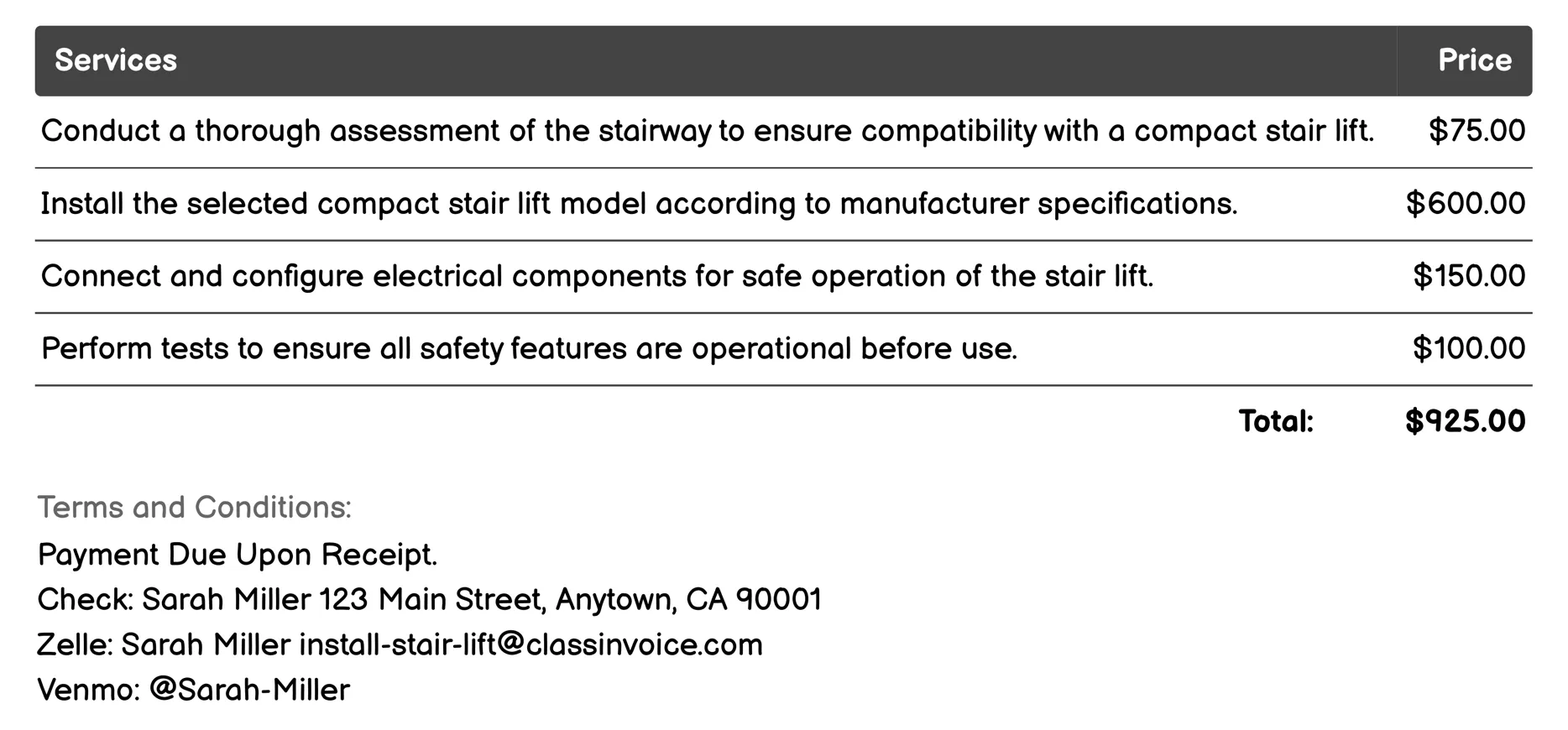 Compact Stair Lift Installation Invoice Example