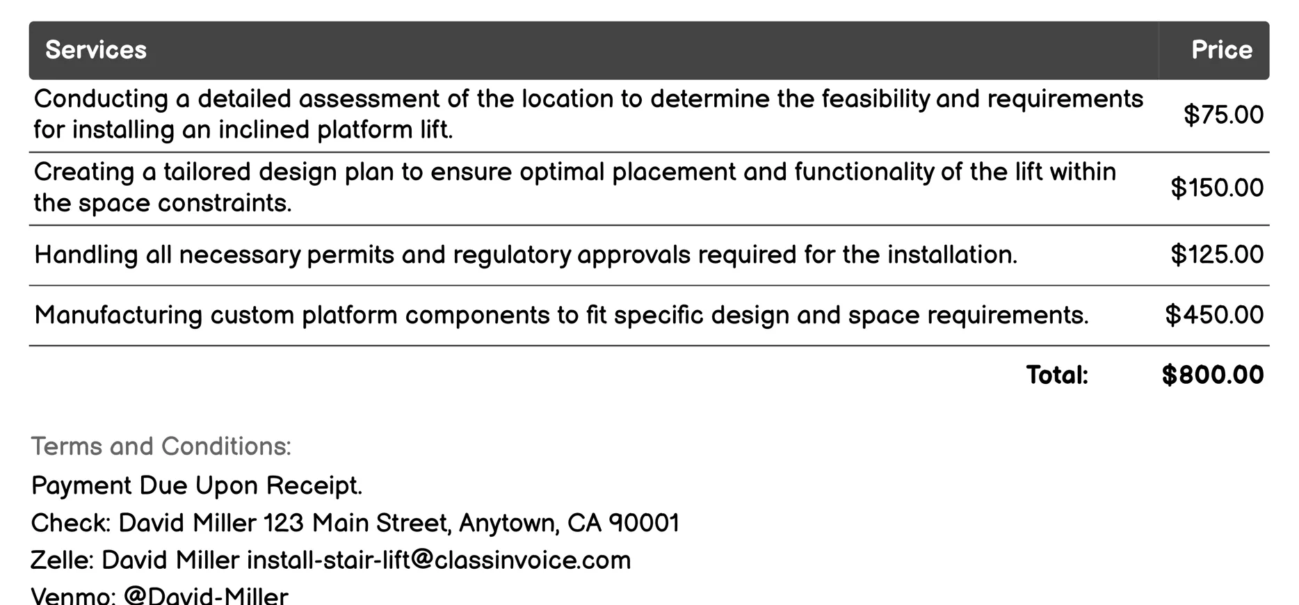 Inclined Platform Lift Installation Invoice Example