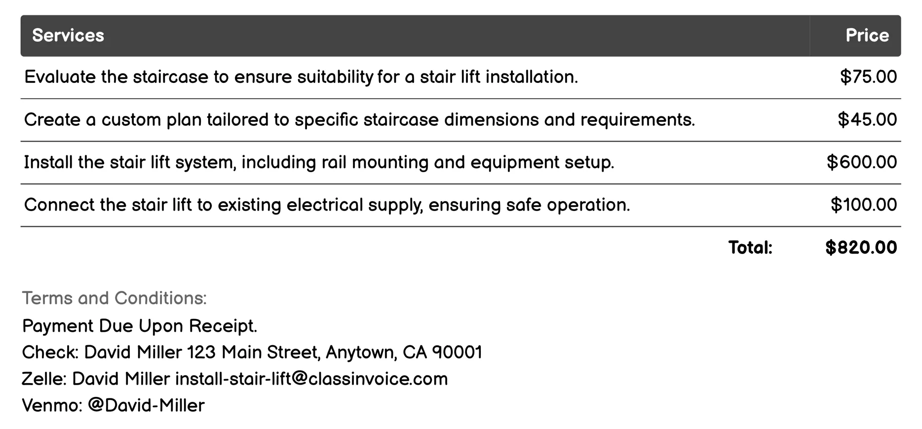 Multi-Story Stair Lift Installation Invoice Example
