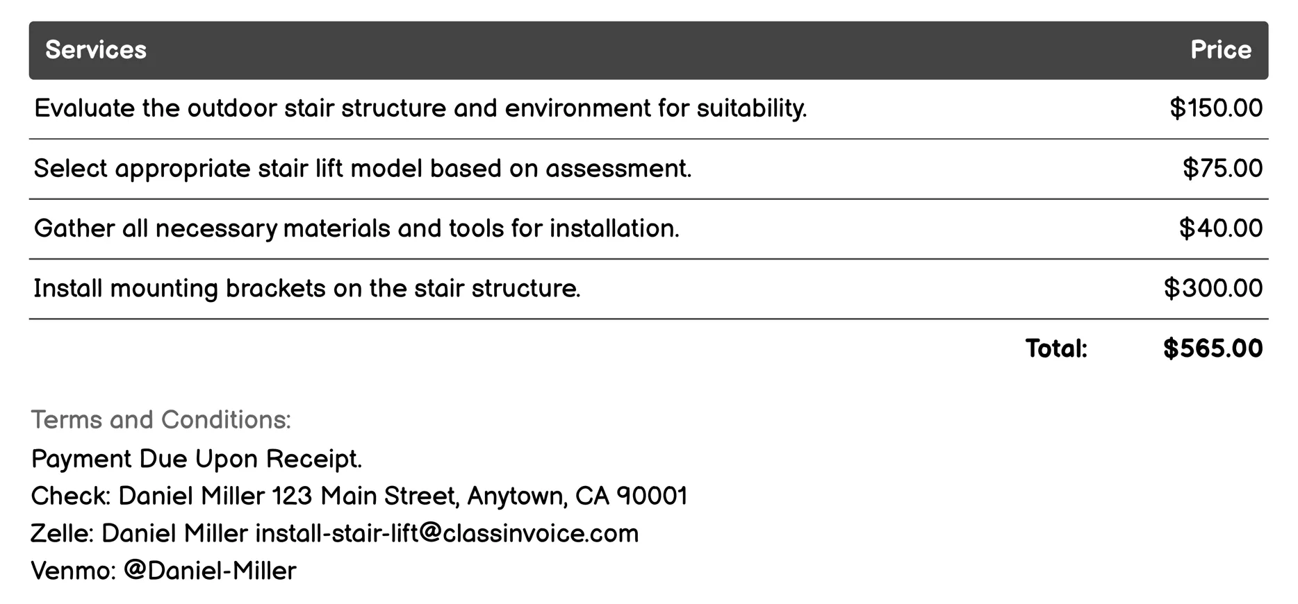 Outdoor Stair Lift Installation Invoice Example