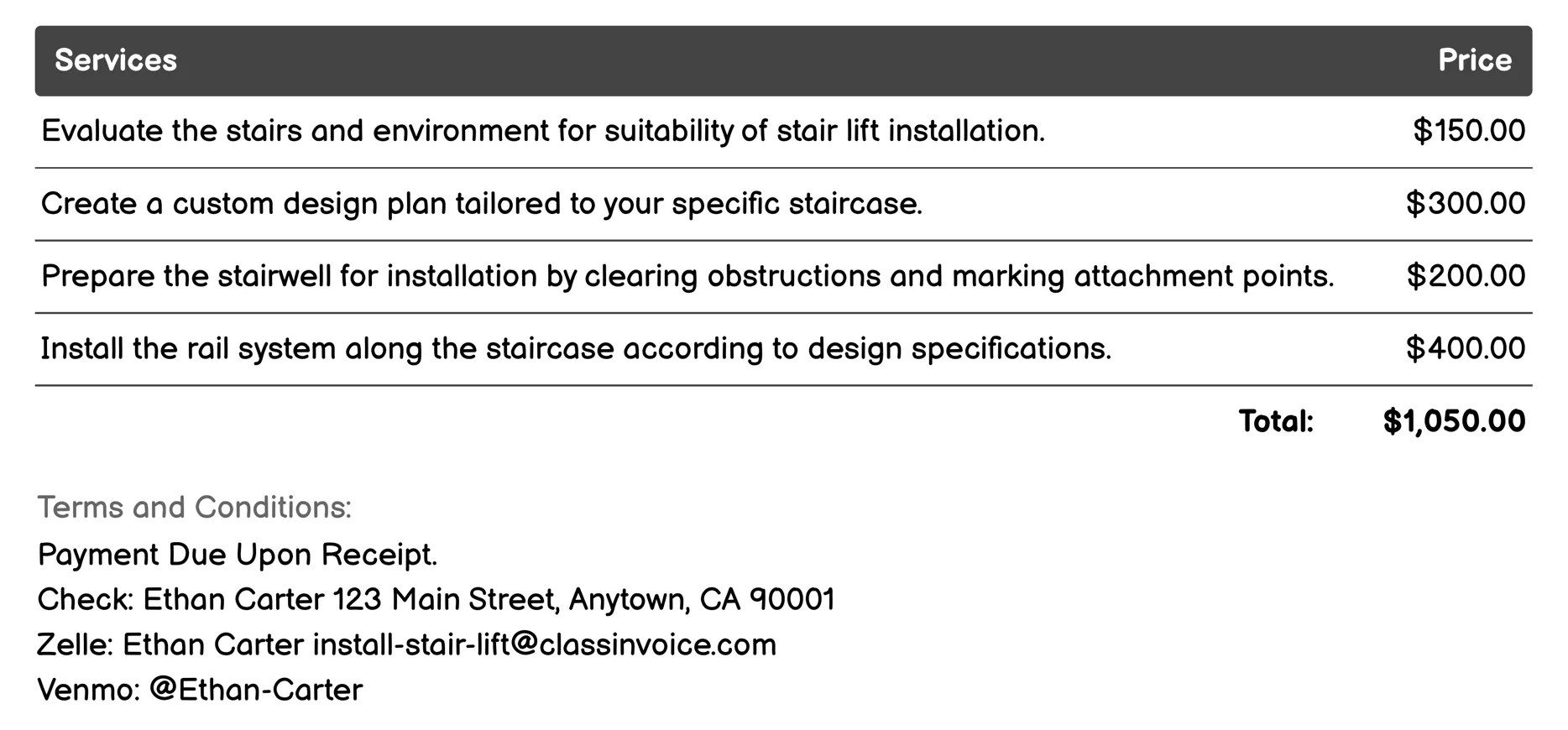 Retrofit Stair Lift Installation Invoice Example