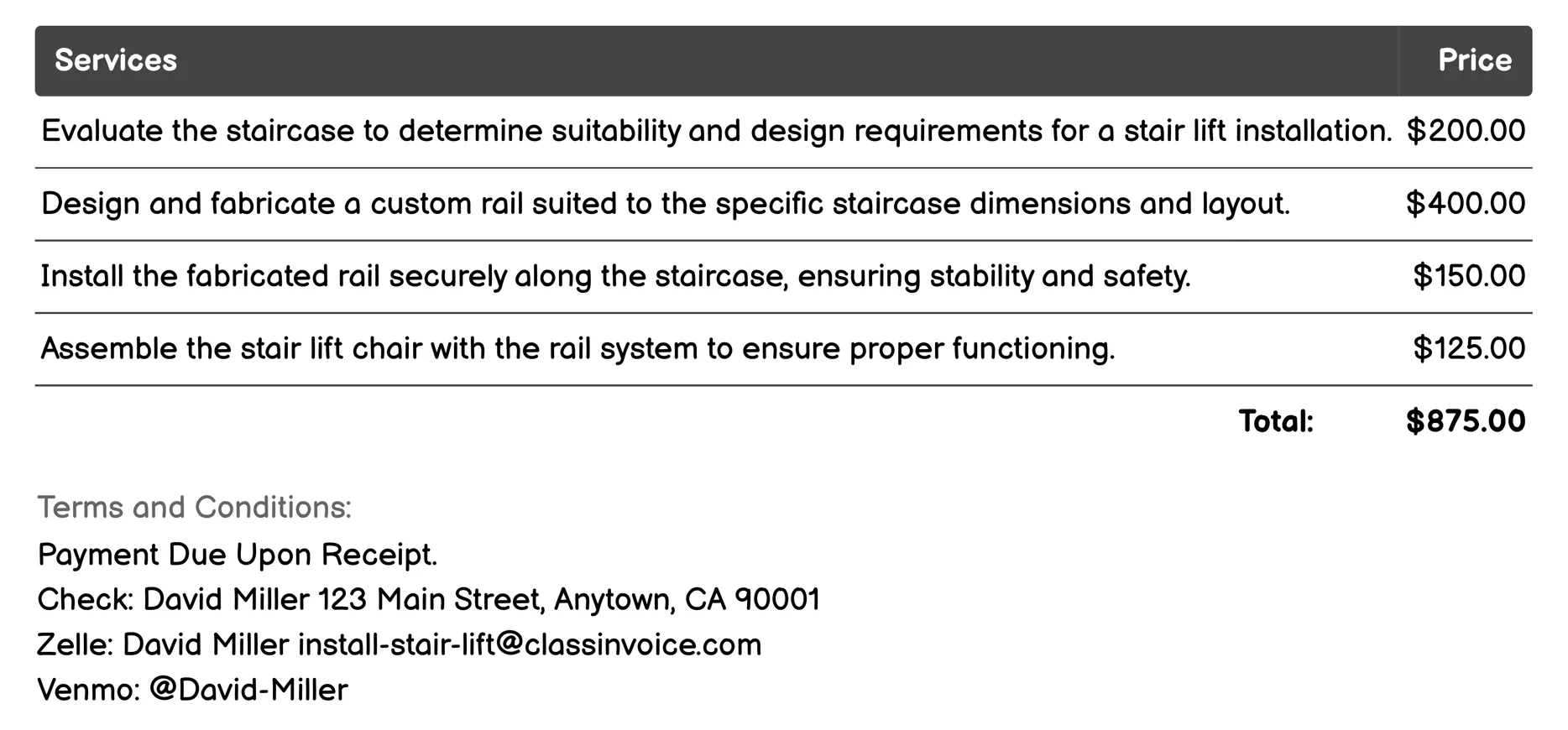 Straight Rail Stair Lift Installation Invoice Example