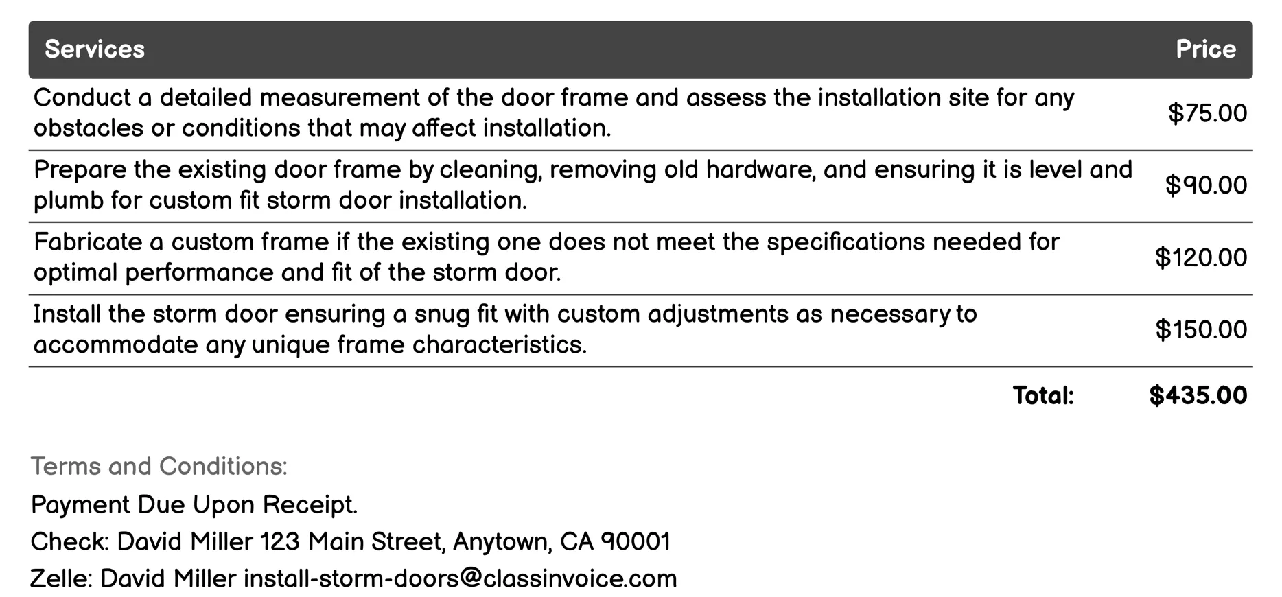 Custom Fit Installation Invoice Example