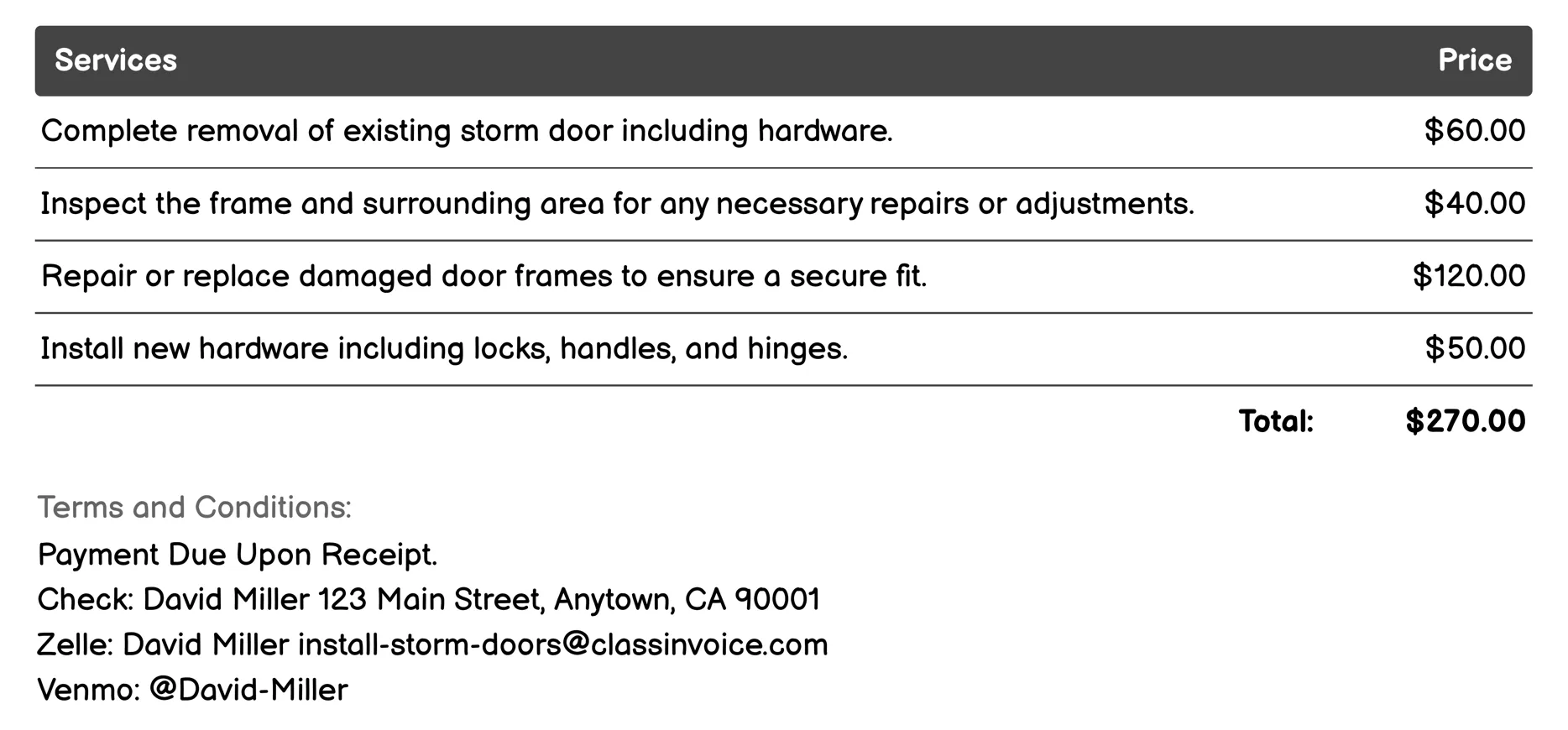 Full Replacement Service Invoice Example