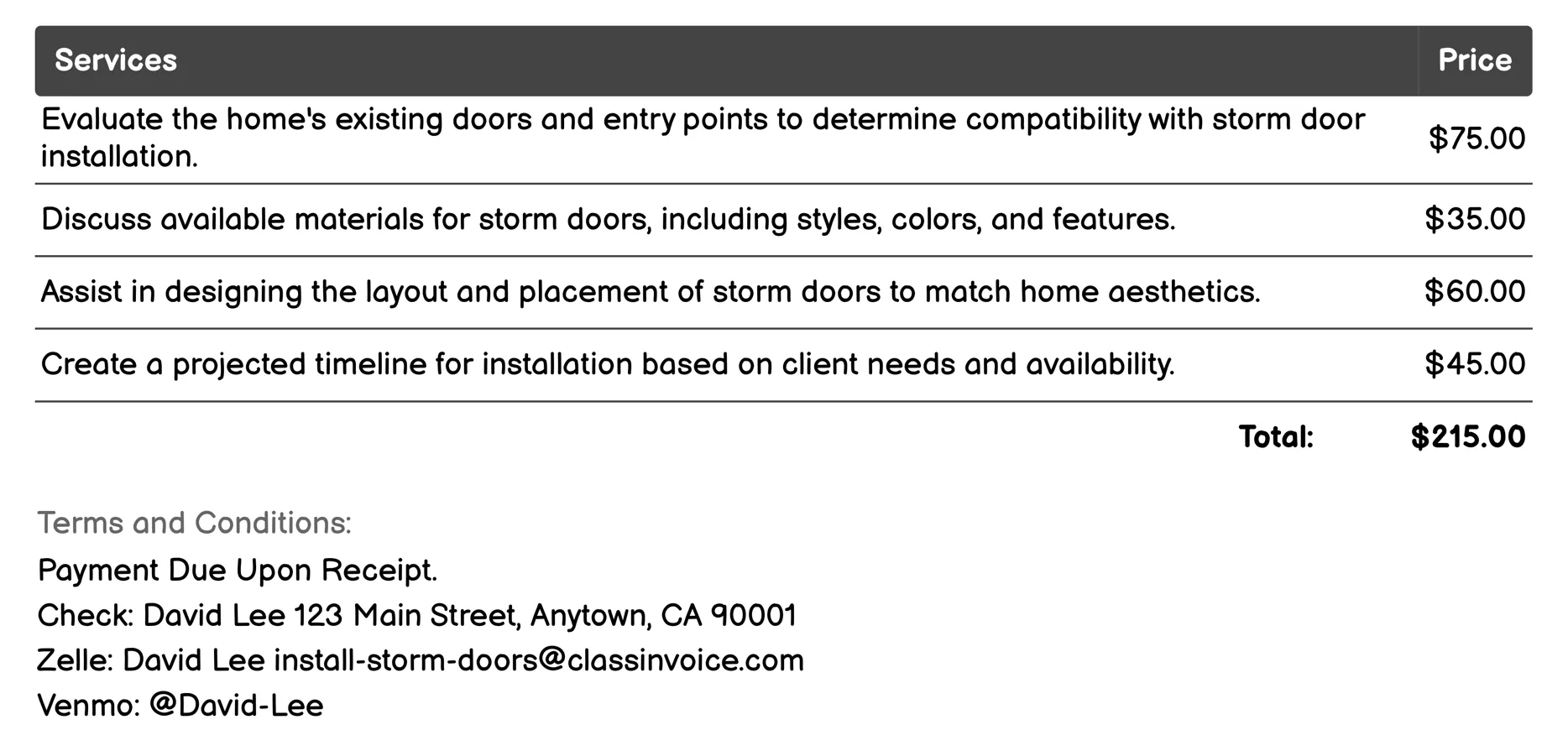 Pre-Installation Consultation Invoice Example
