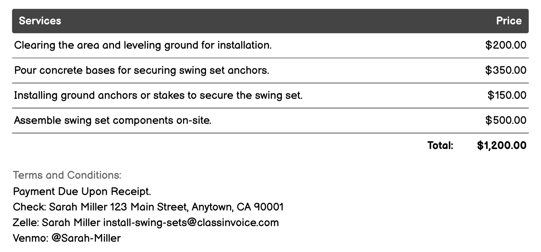Ground Anchoring Invoice Example