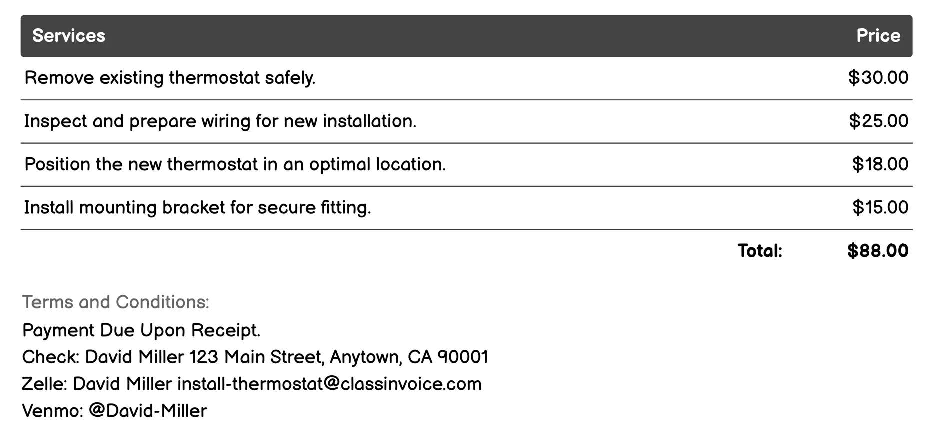Basic Thermostat Installation Invoice Example