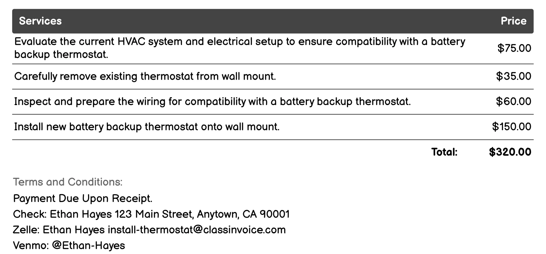 Battery Backup Thermostat Installation Invoice Example