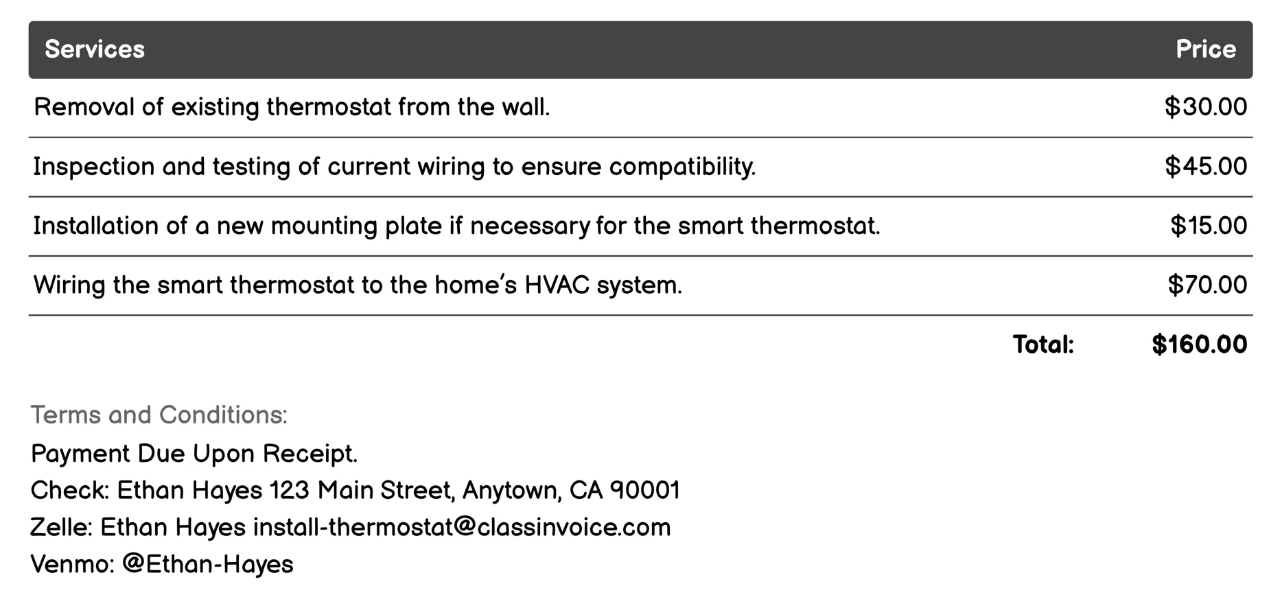 Smart Thermostat Installation Invoice Example