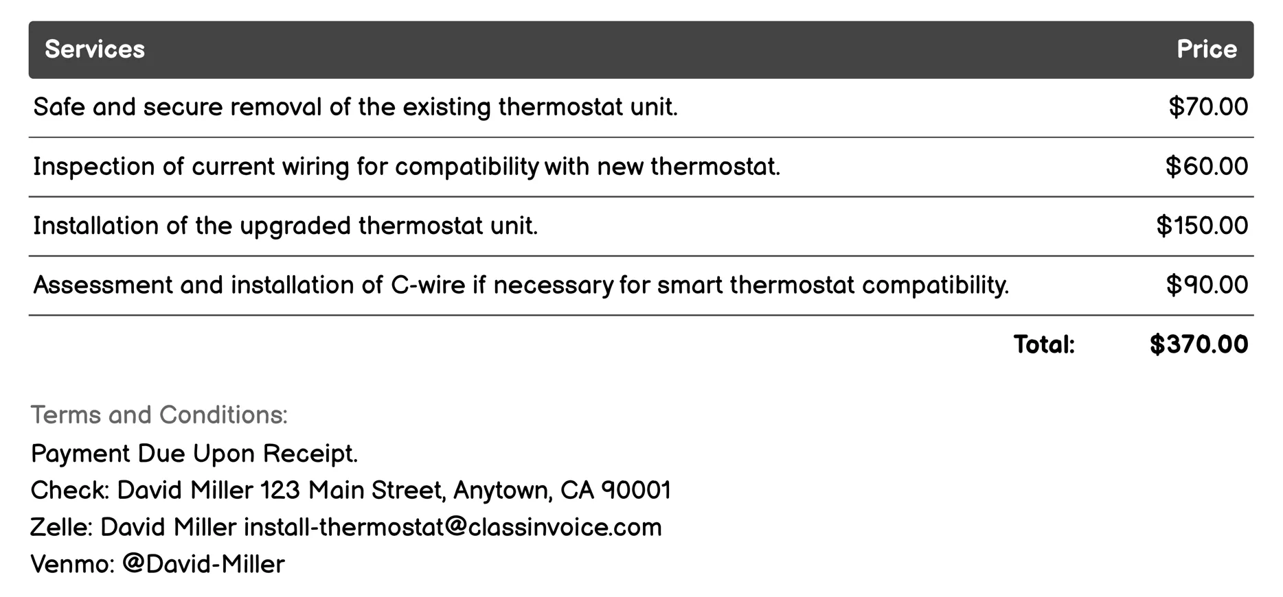 Thermostat Upgrade Service Invoice Example