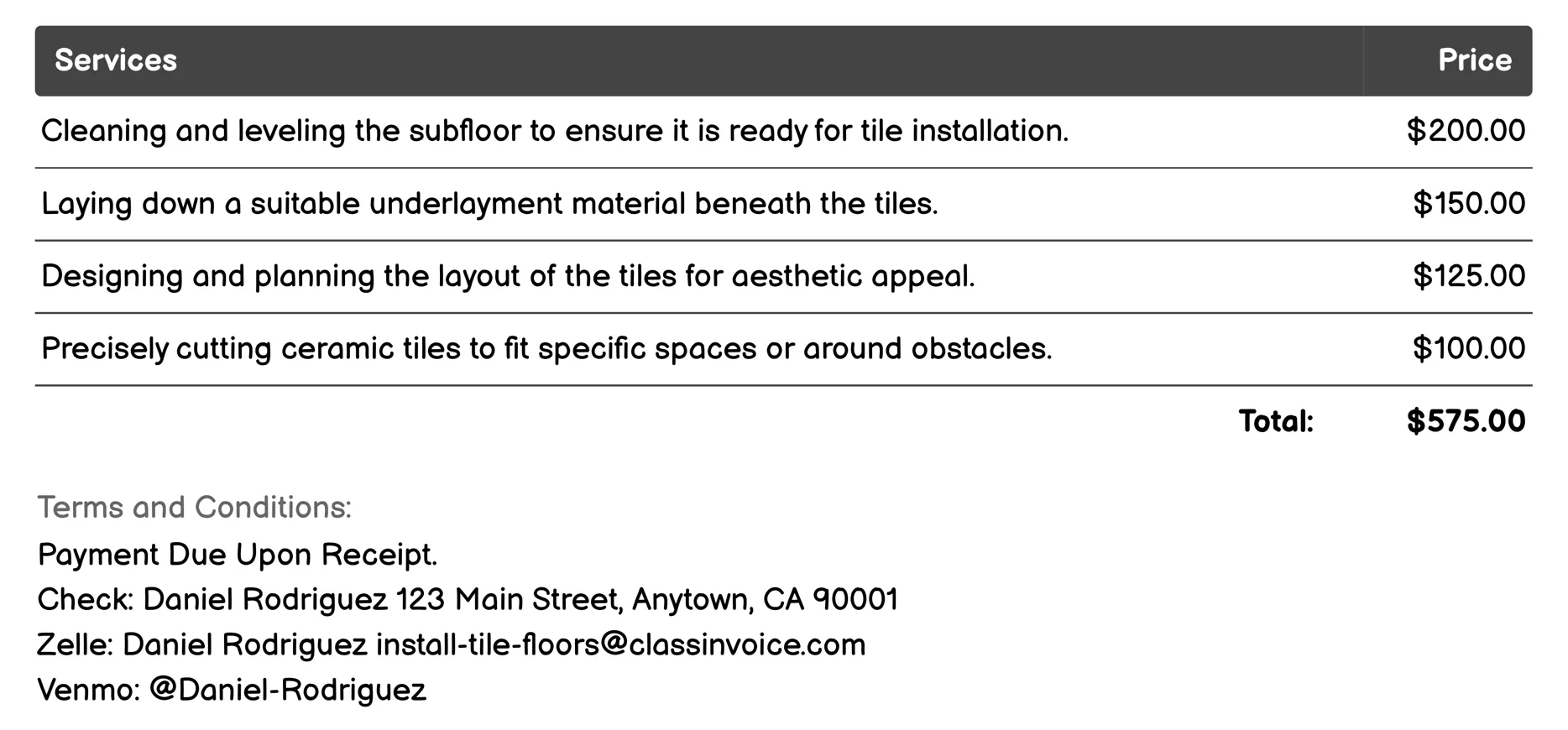 Installation of Ceramic Tiles Invoice Example