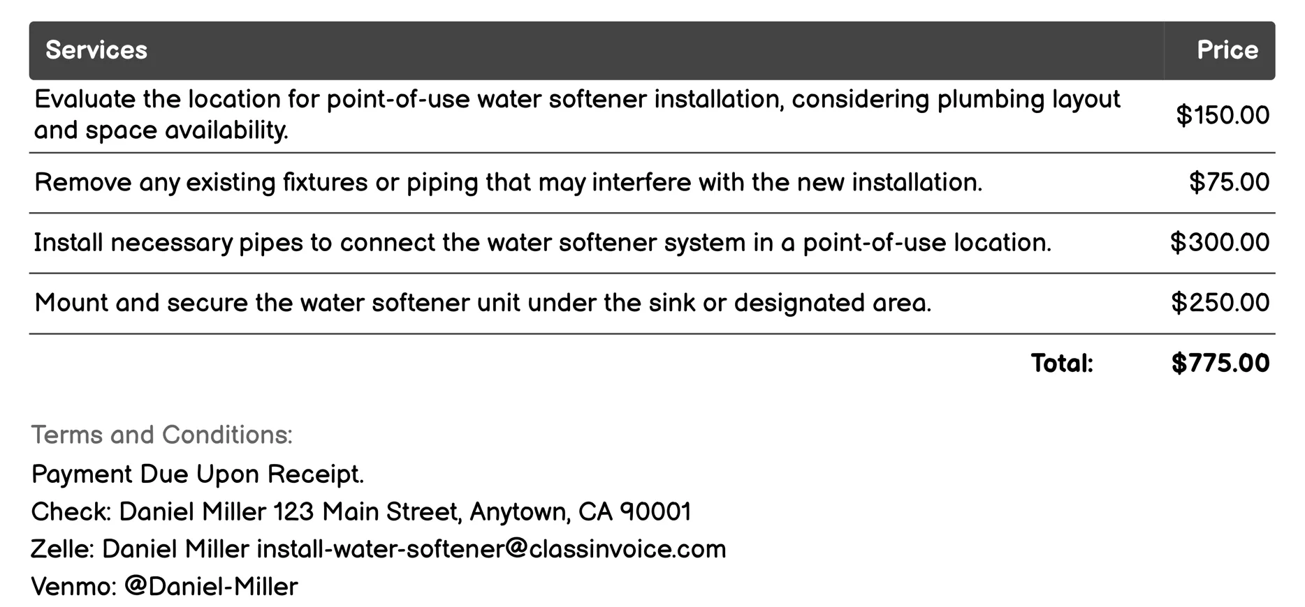 Point-of-Use Installation Invoice Example