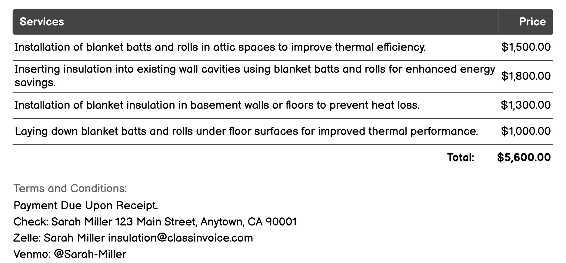 Blanket Batts and Rolls Invoice Example