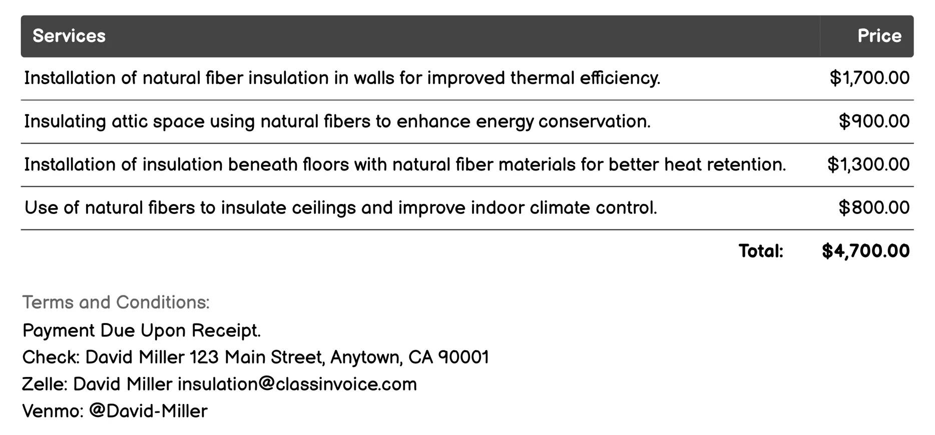 Natural Fiber Insulation Invoice Example
