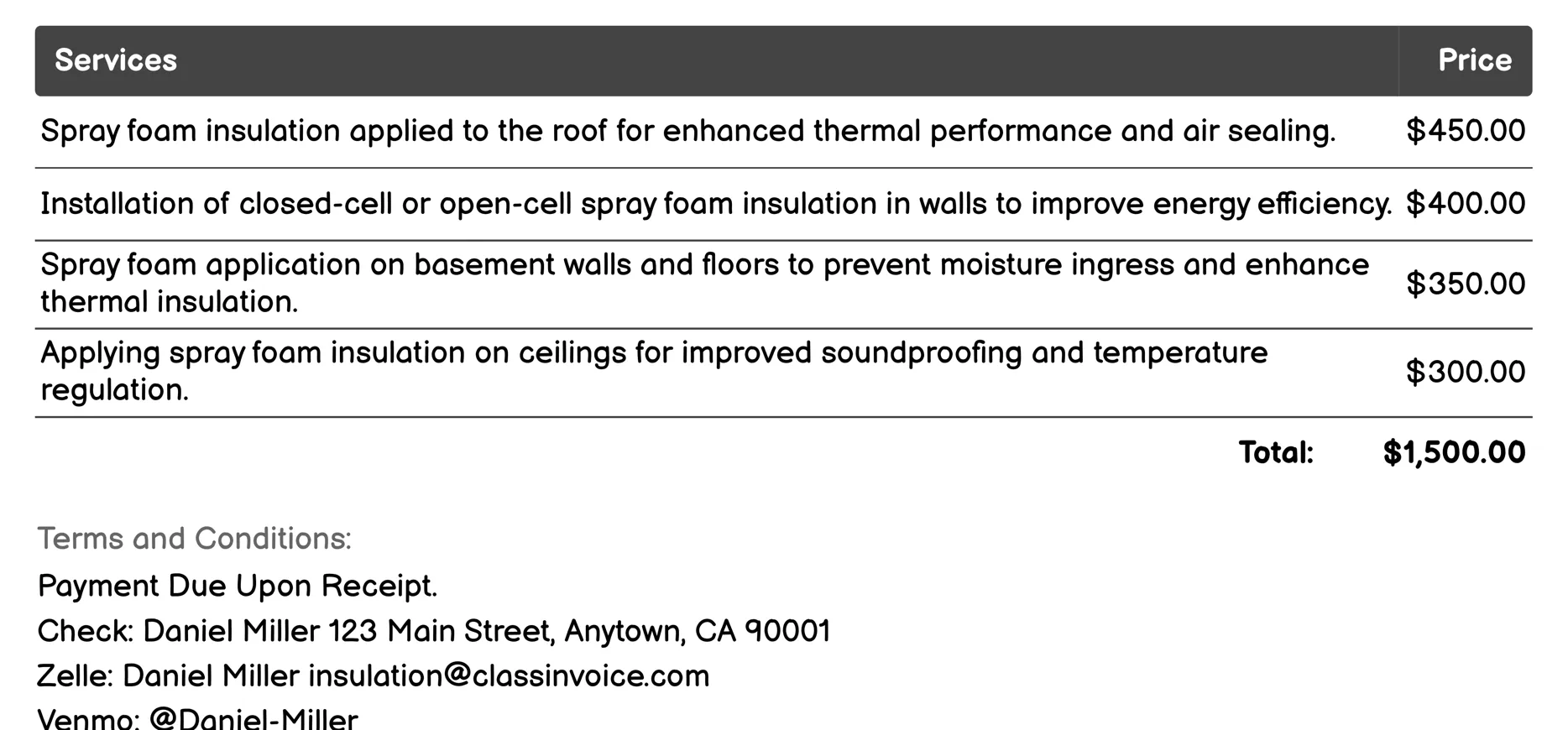 Spray Foam Insulation Invoice Example