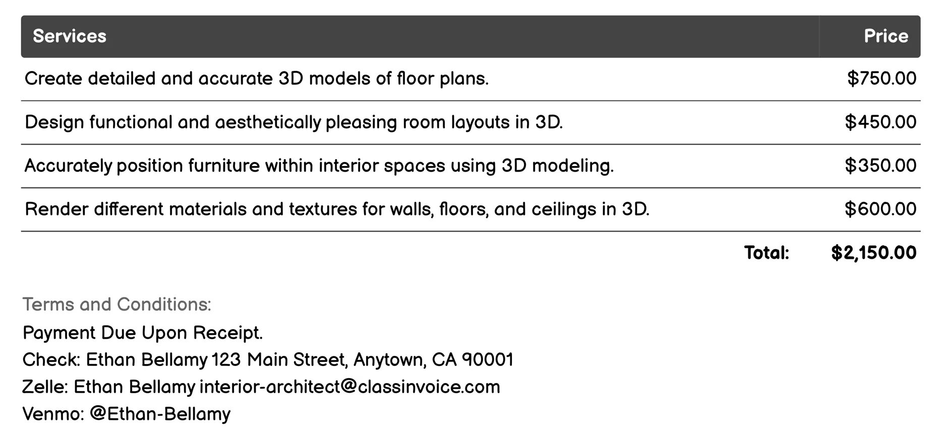 3D Modeling and Visualization Invoice Example