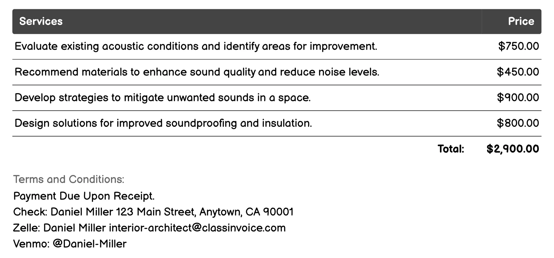 Acoustic Planning Invoice Example