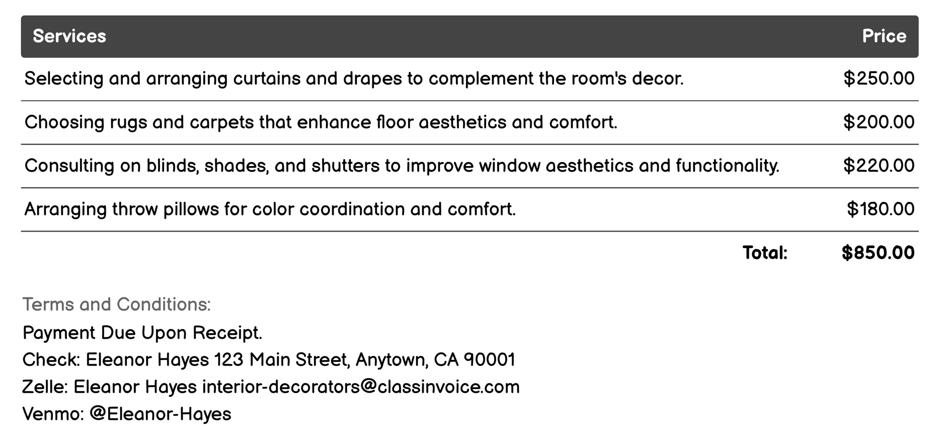 Accessory Coordination Invoice Example