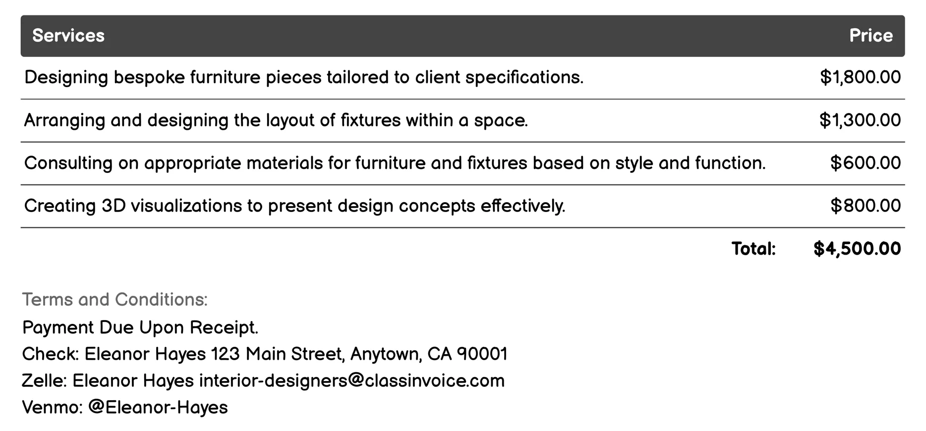 Furniture and Fixture Design Invoice Example