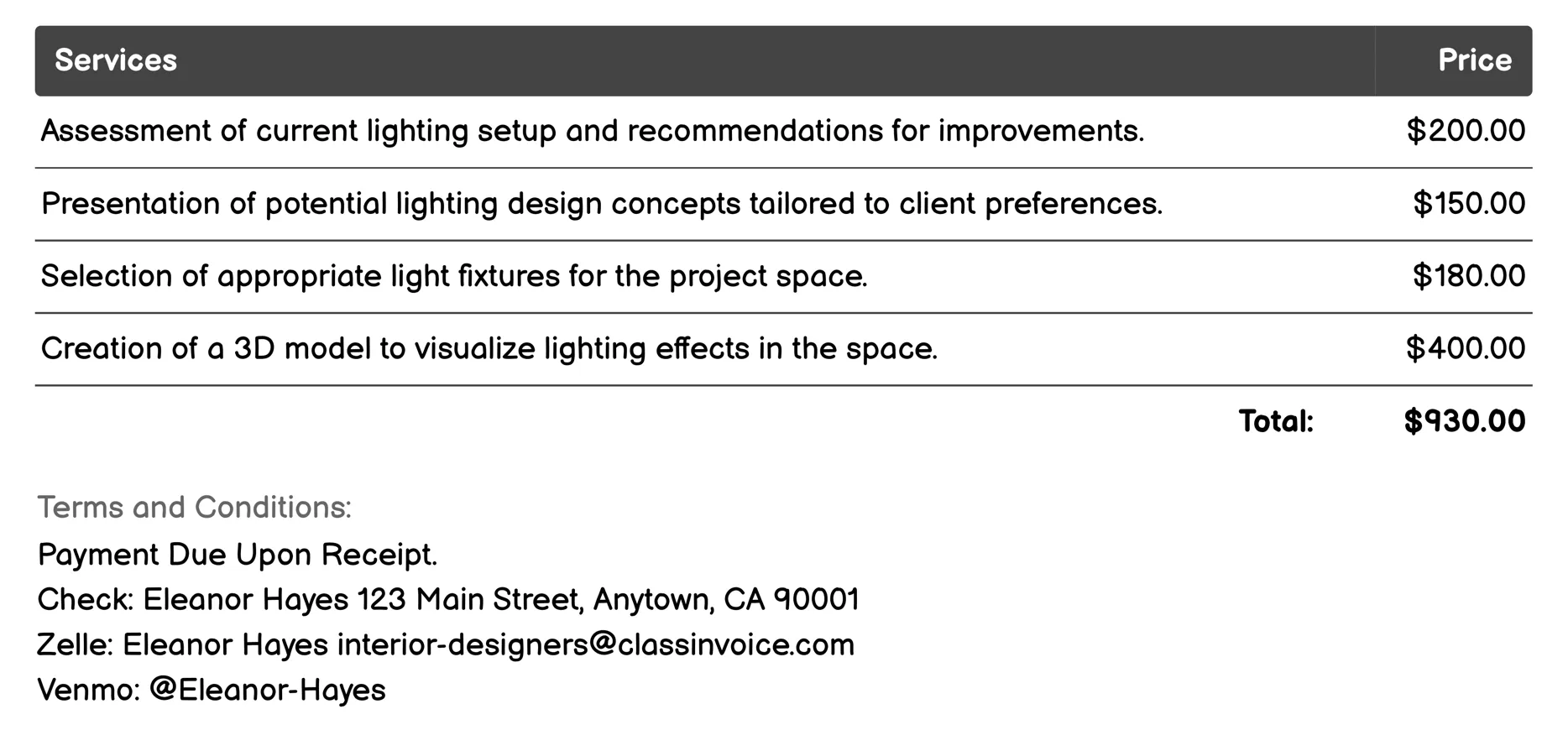 Lighting Design Invoice Example