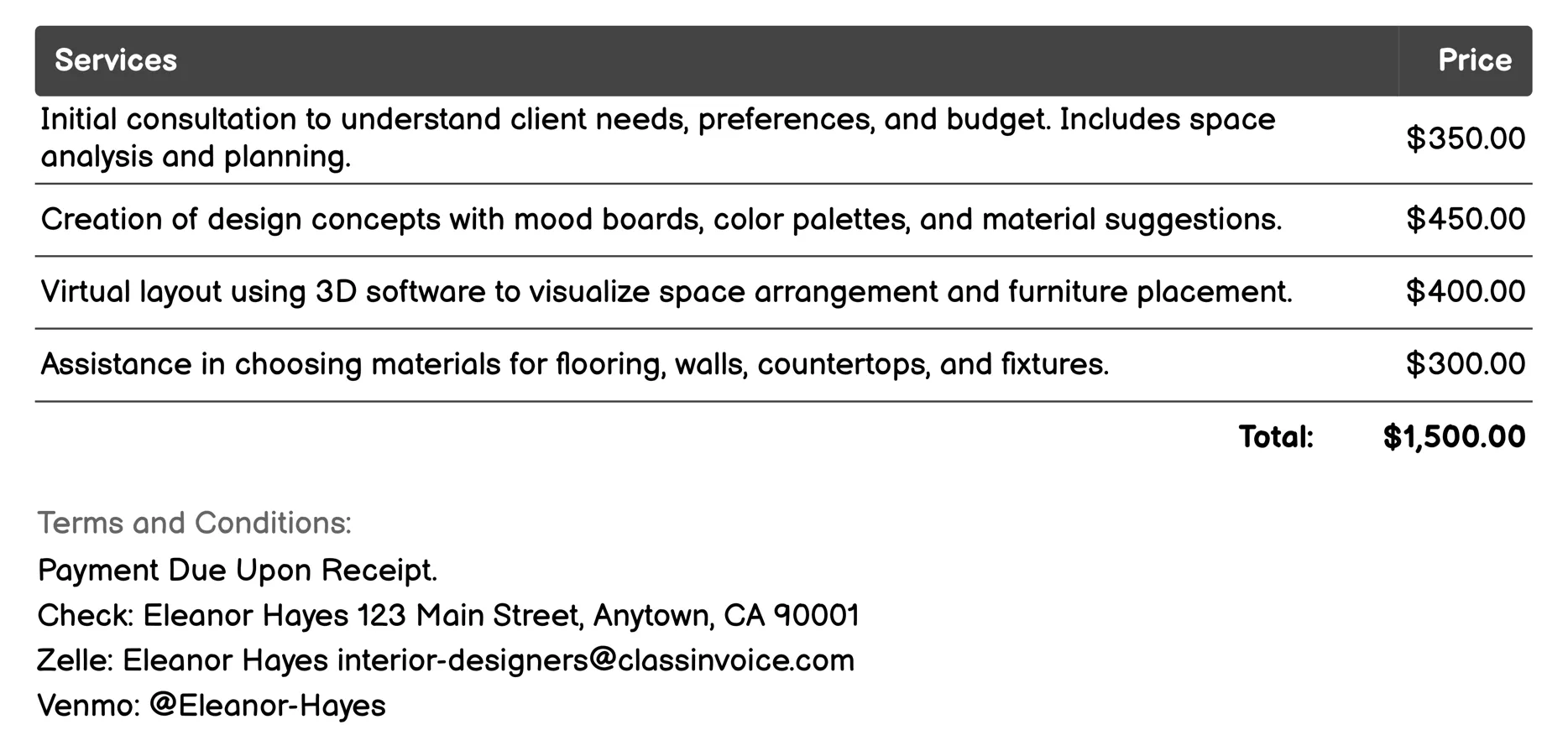 Residential Interior Design Invoice Example