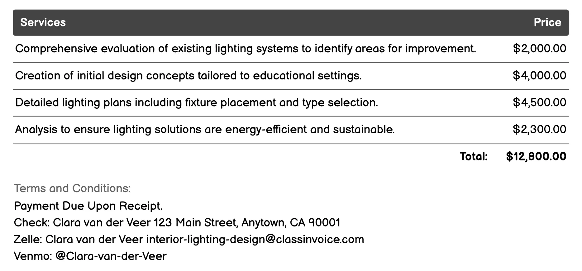 Educational Institution Interior Lighting Design Invoice Example
