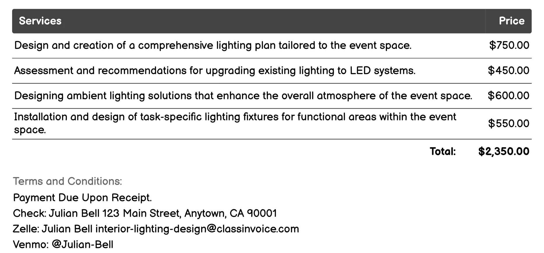 Event Space Interior Lighting Design Invoice Example