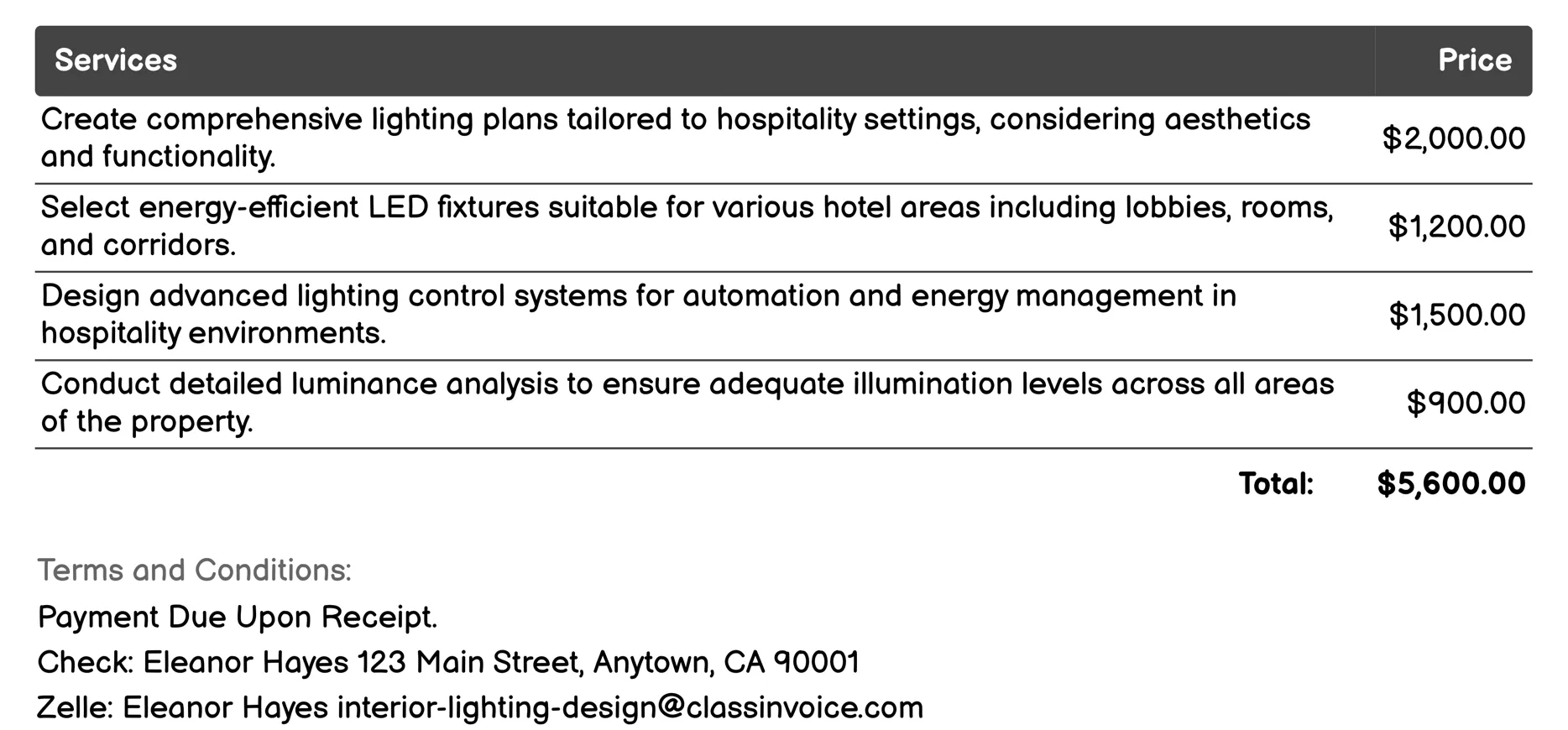 Hospitality Interior Lighting Design Invoice Example