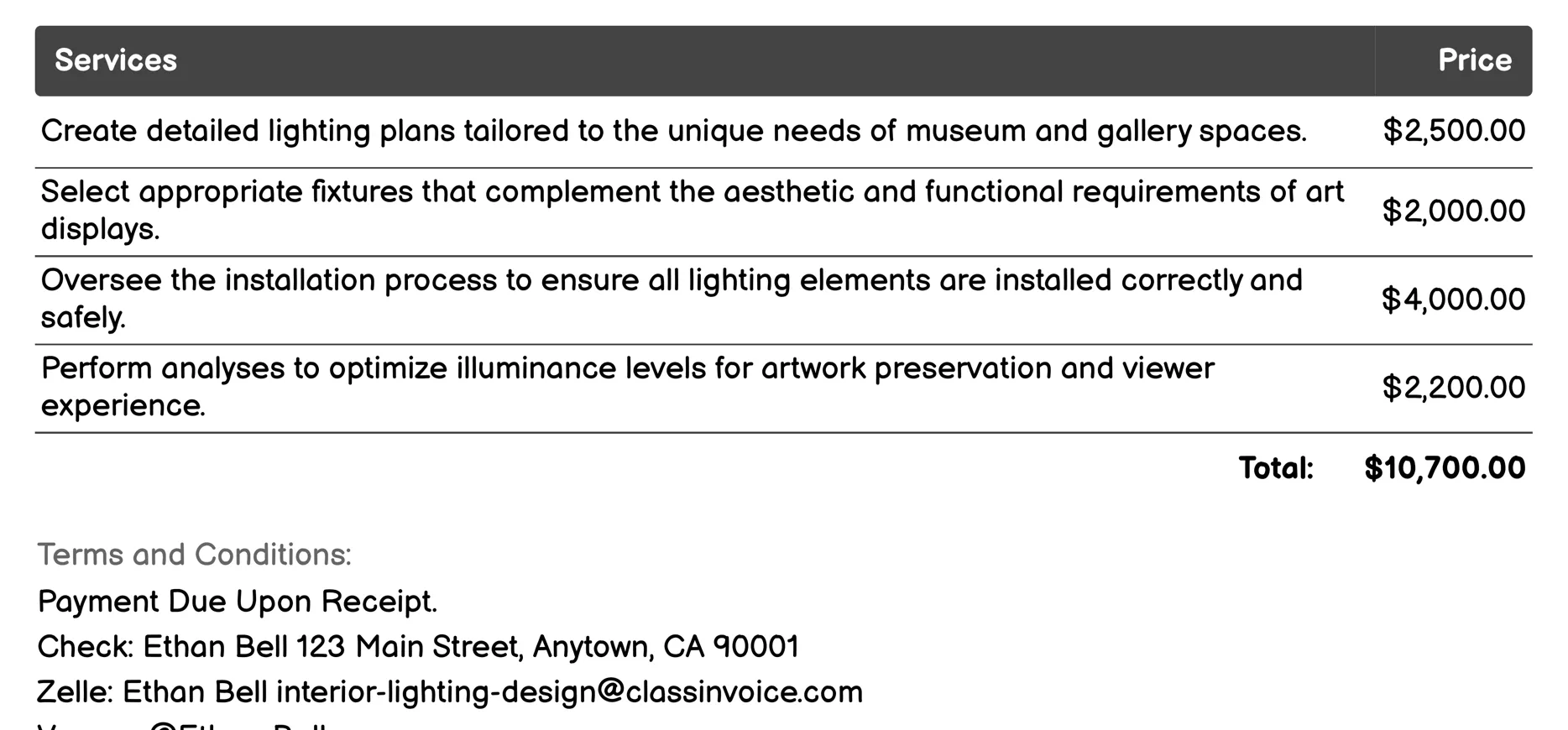 Museum and Gallery Interior Lighting Design Invoice Example