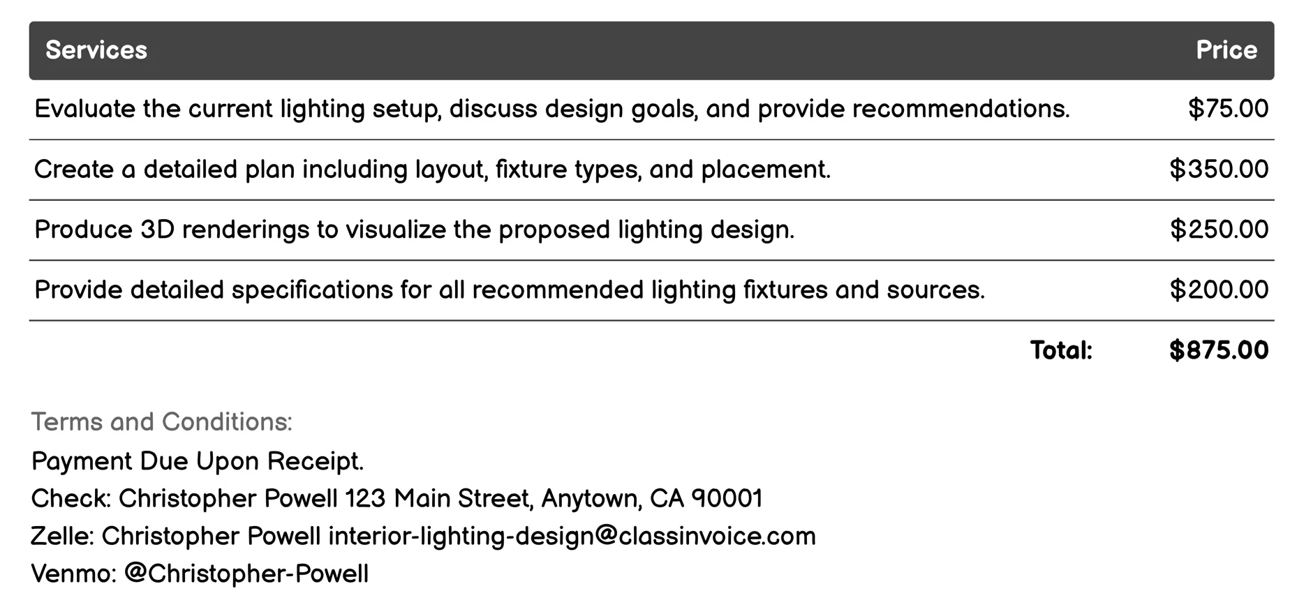 Residential Interior Lighting Design Invoice Example