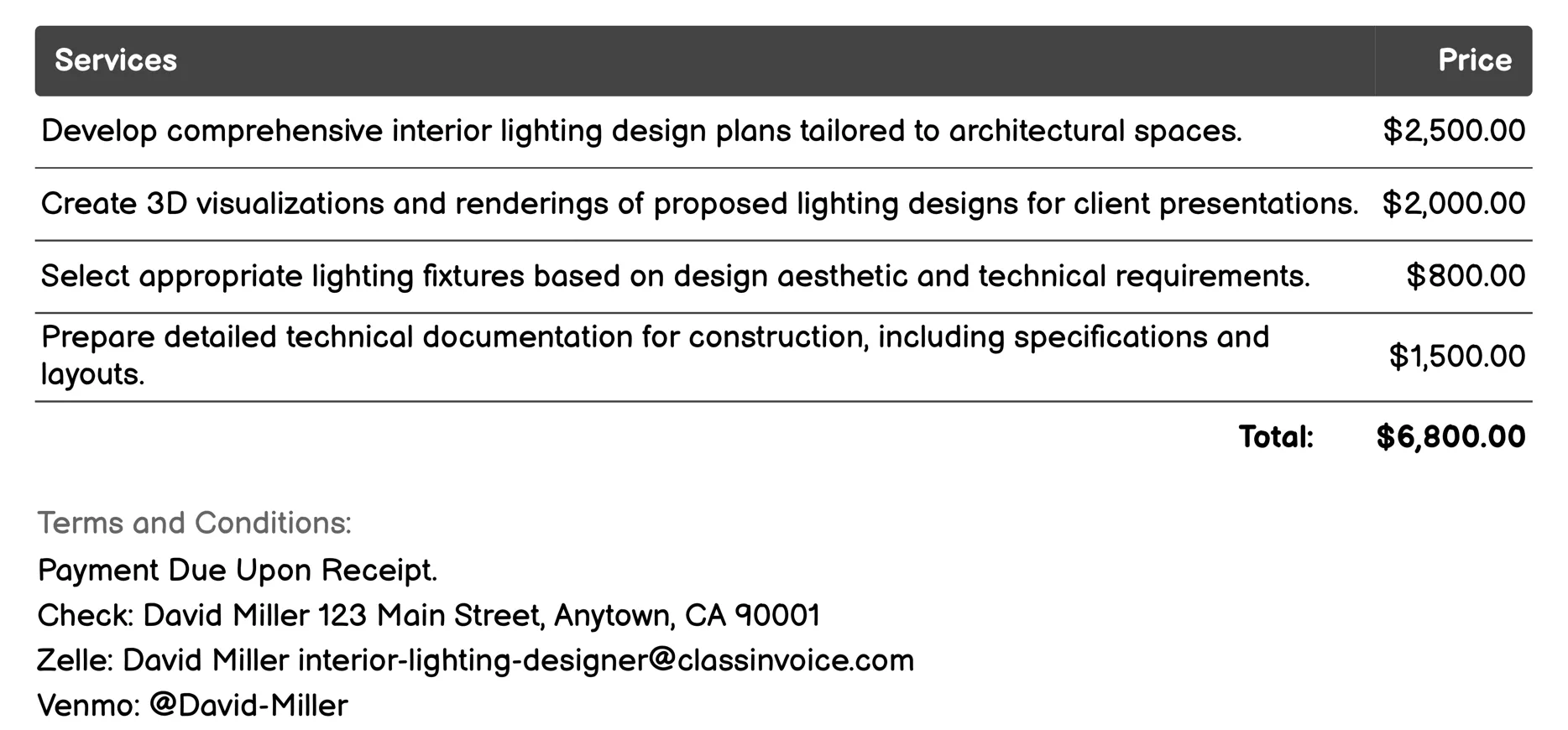 Architectural Interior Lighting Design Invoice Example