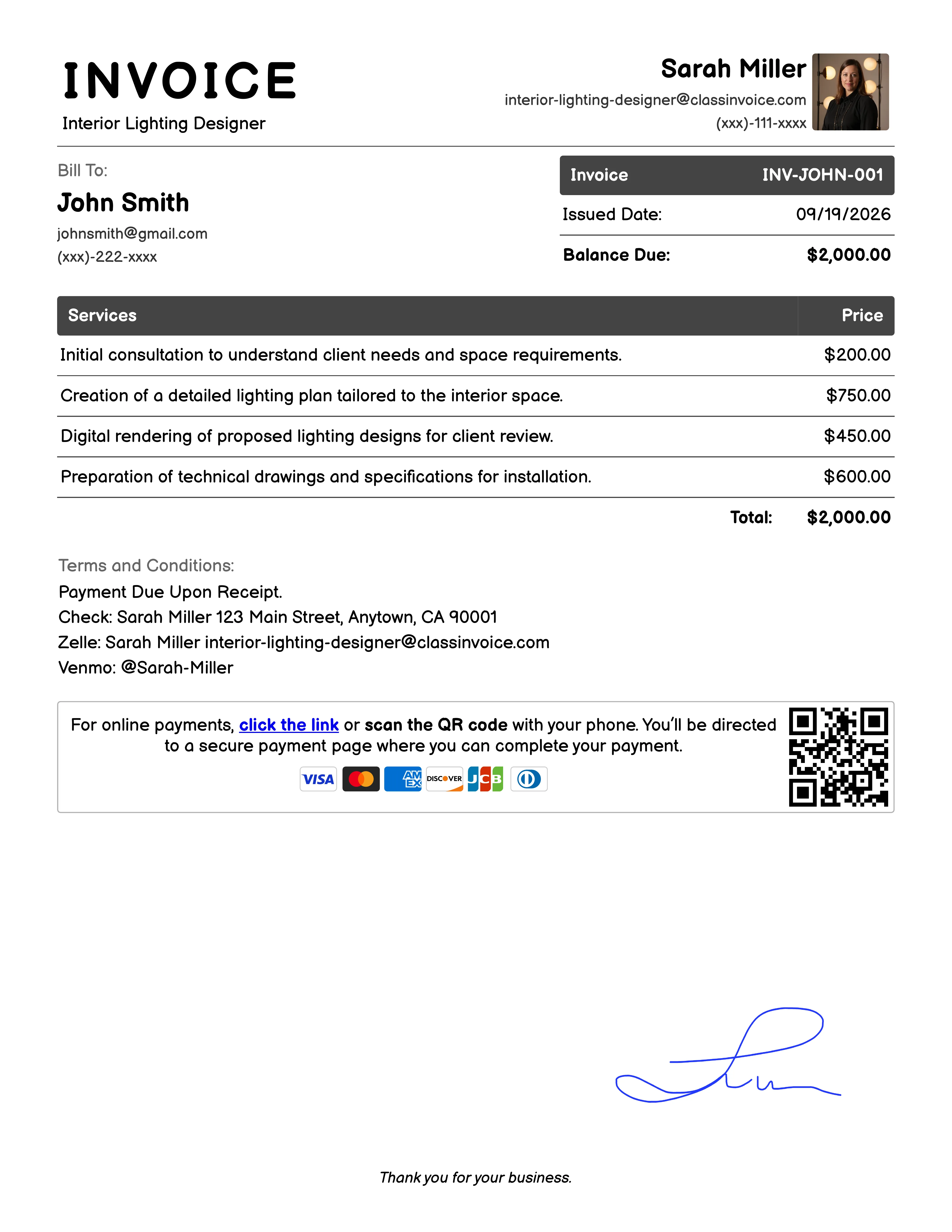 Interior Lighting Designer Invoice Example