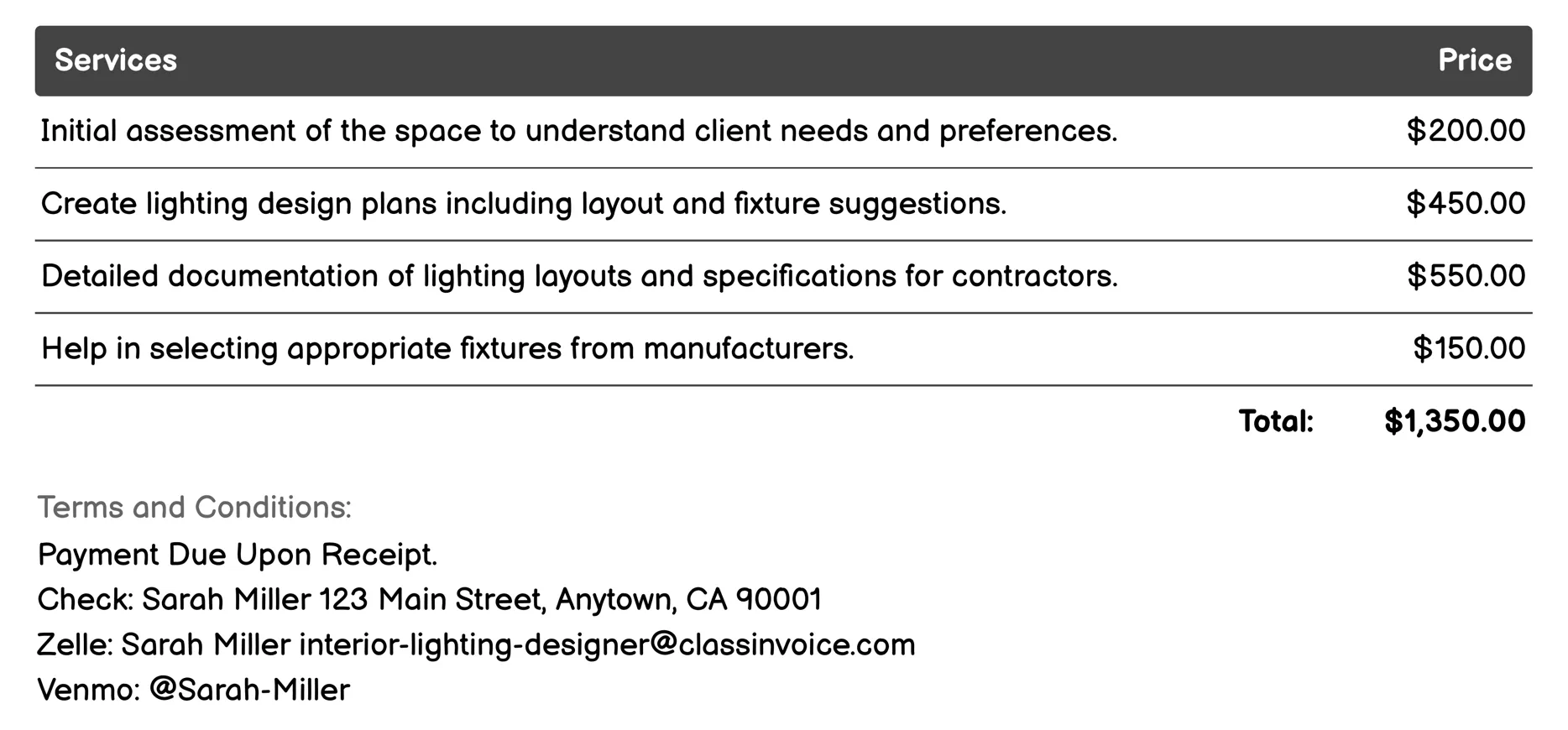 Residential Interior Lighting Design Invoice Example