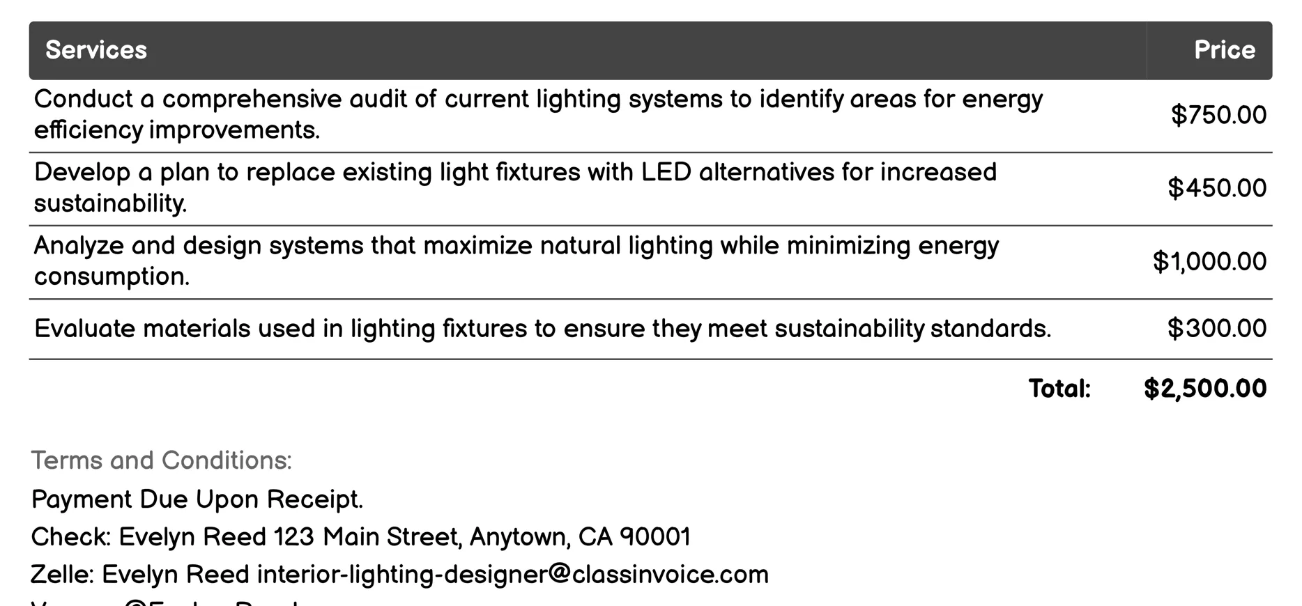 Sustainable Interior Lighting Design Invoice Example