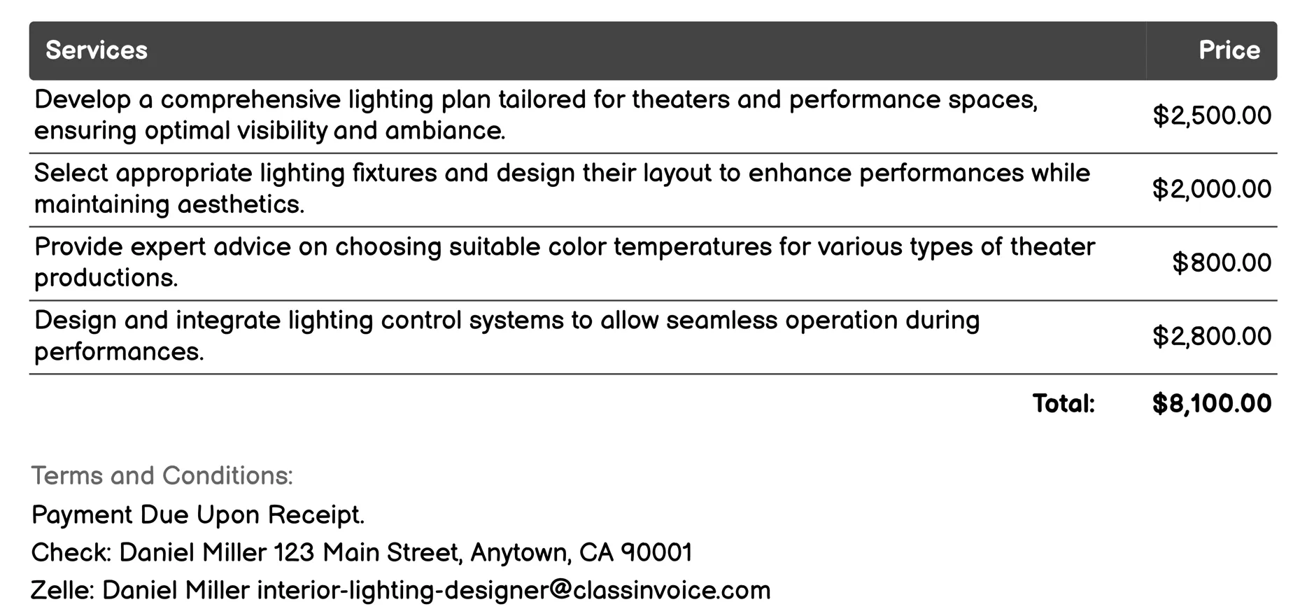 Theater and Performance Space Lighting Design Invoice Example