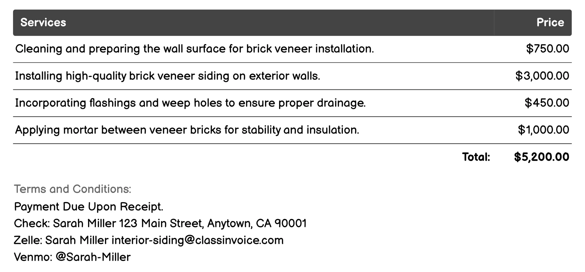 Brick Veneer Siding Invoice Example