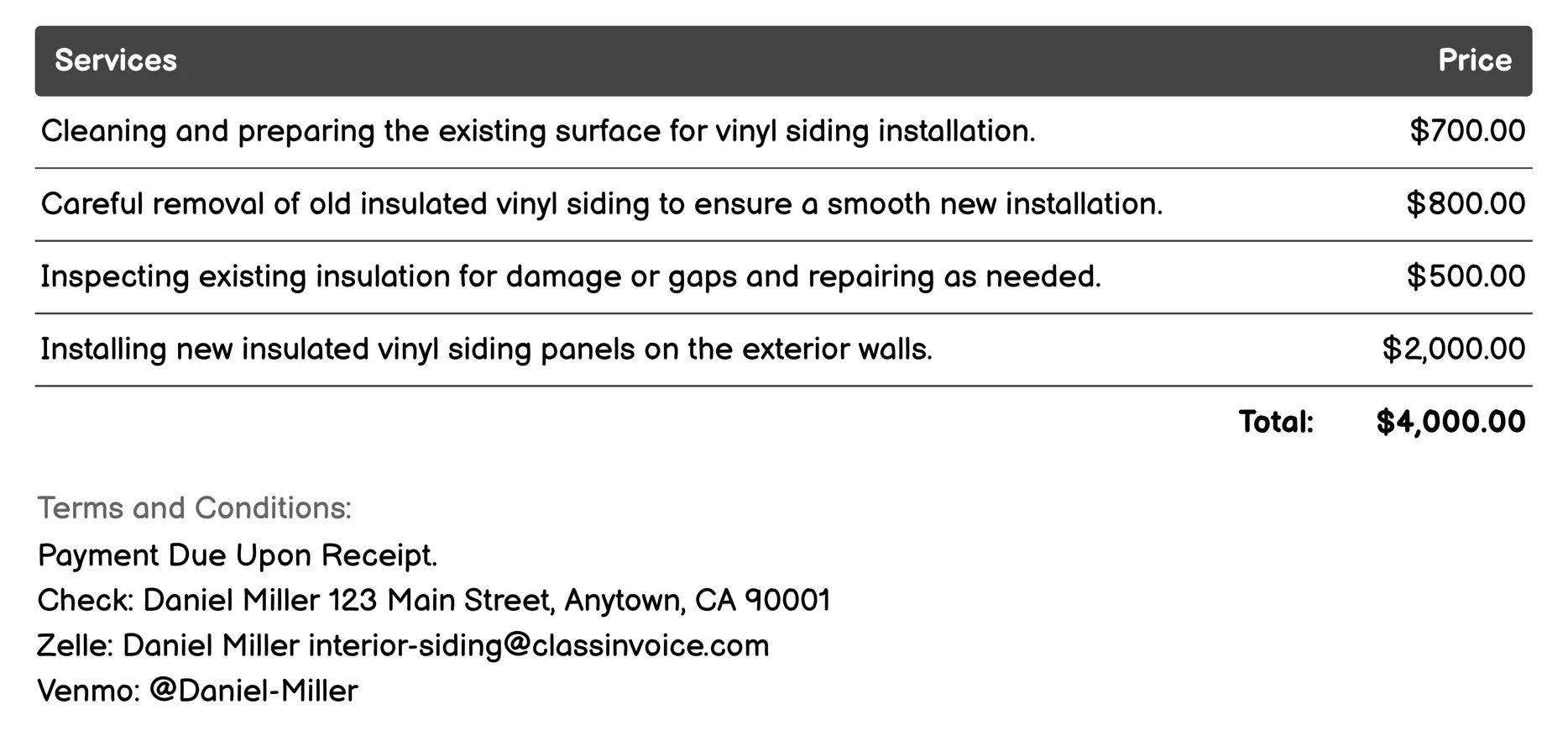 Insulated Vinyl Siding Invoice Example