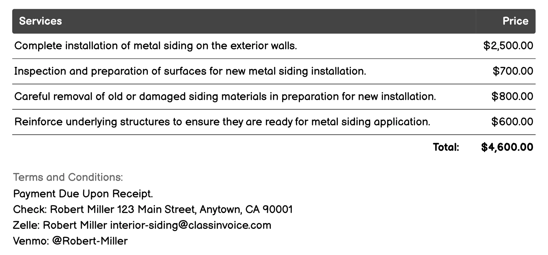 Metal Siding Invoice Example