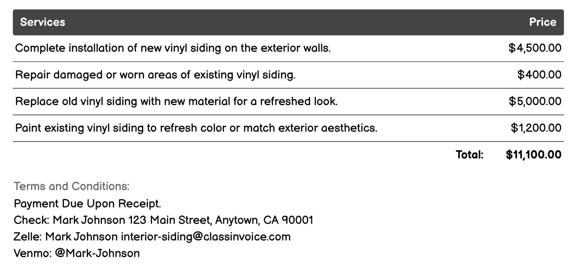 Vinyl Siding Invoice Example