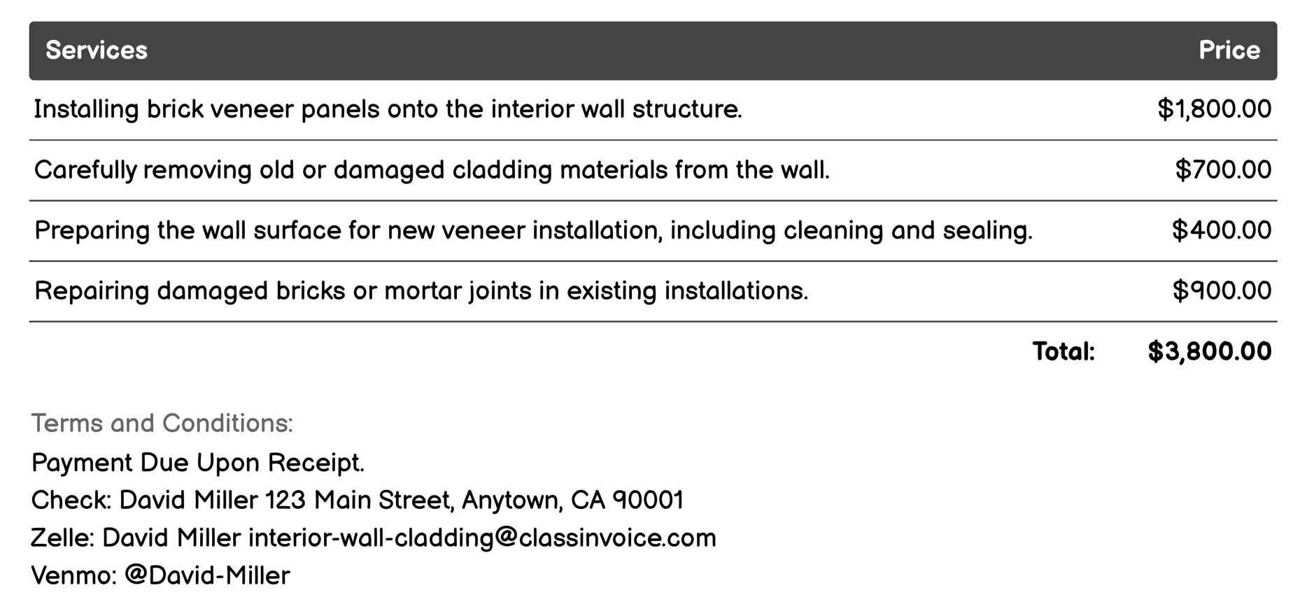 Brick Veneer Invoice Example