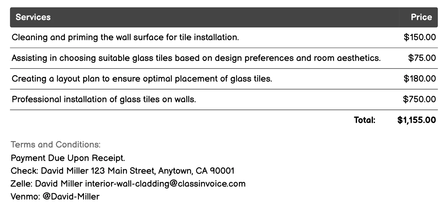Glass Tiles Invoice Example