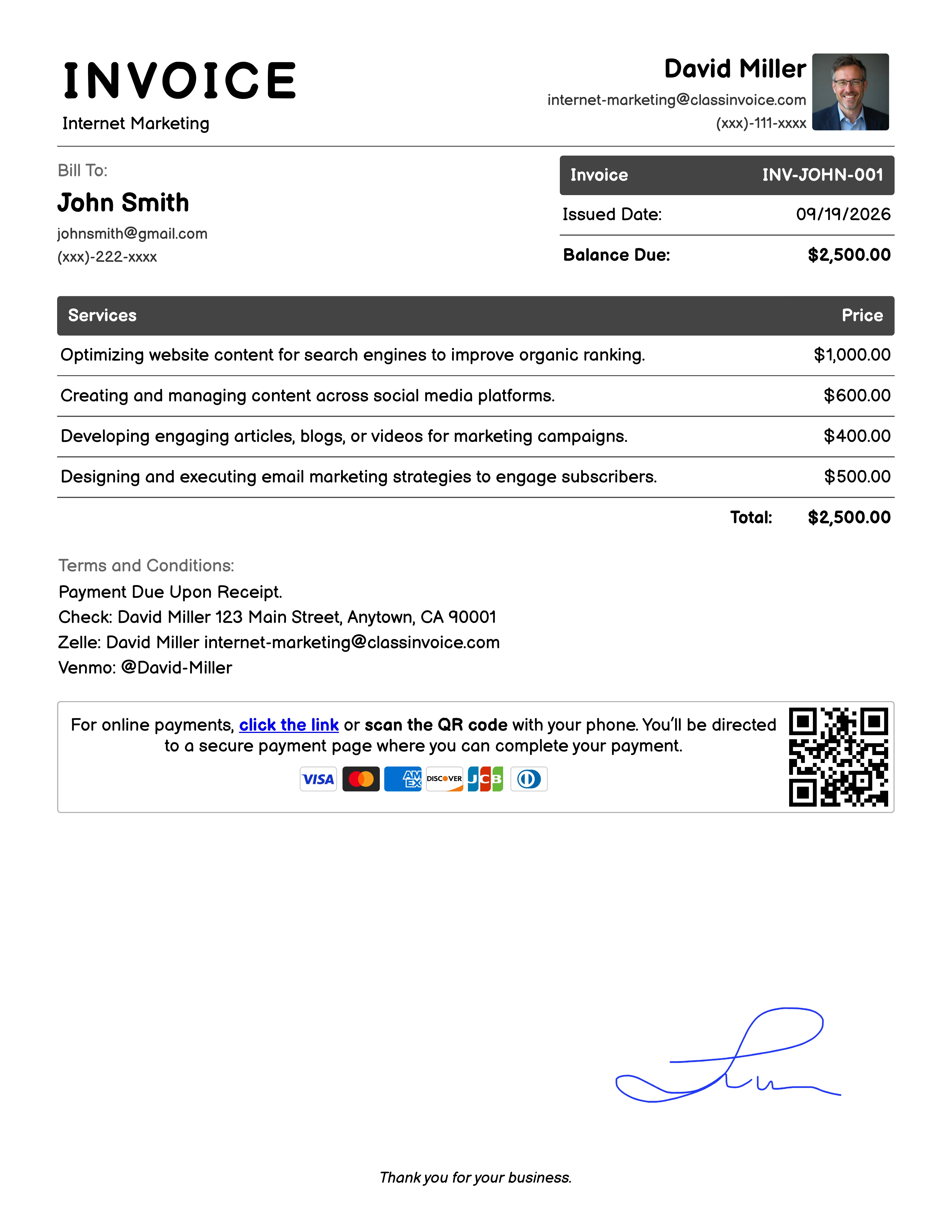 Internet Marketing Invoice Example
