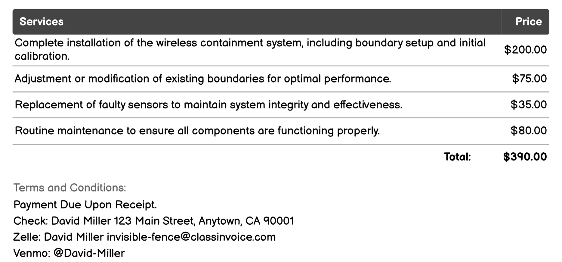 Wireless Containment System Invoice Example