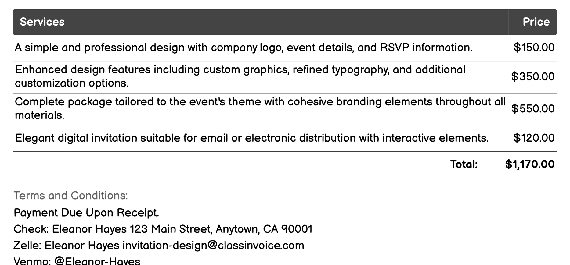 Corporate Event Invitations Invoice Example