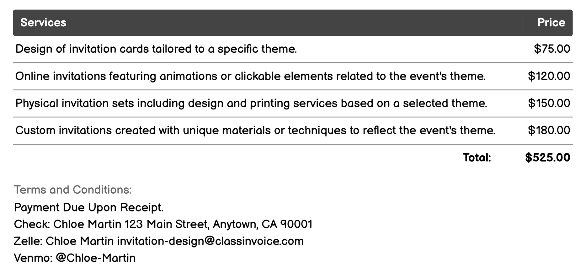 Themed Event Invitations Invoice Example